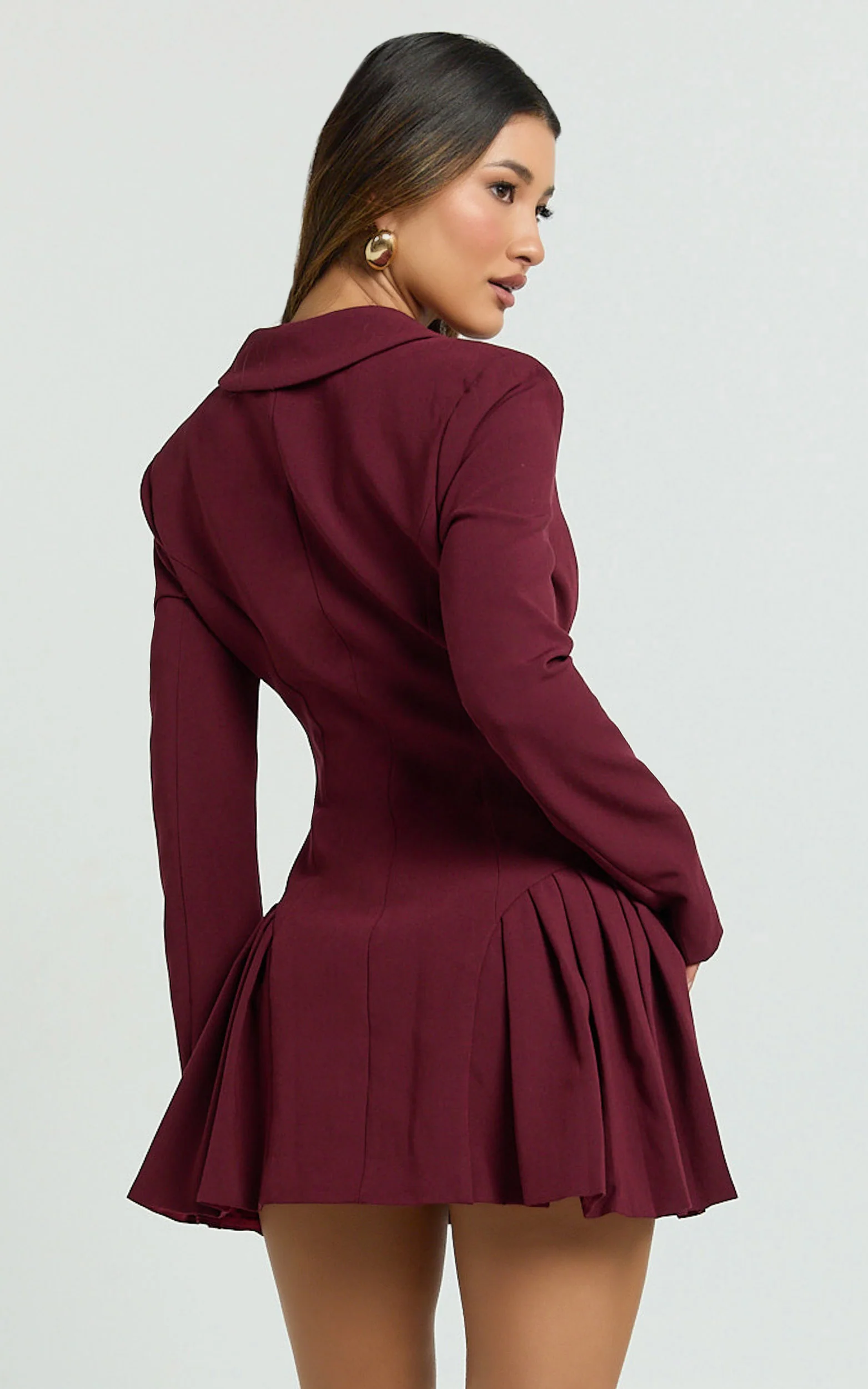 Bea Mini Dress - Collared Long Sleeve Fit And Flare Pleated Dress in Wine