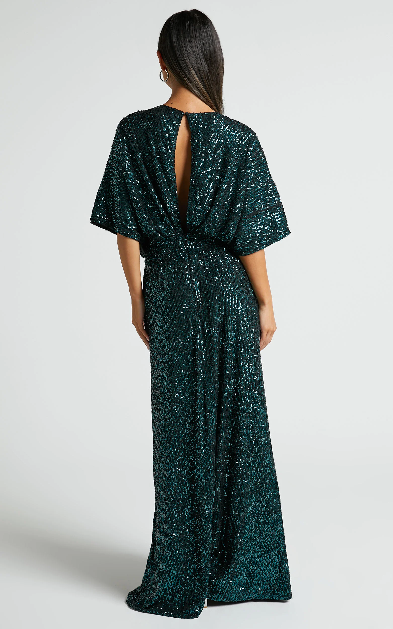 Miyah Maxi Dress - Sequin Plunge Short Sleeve Dress in Emerald