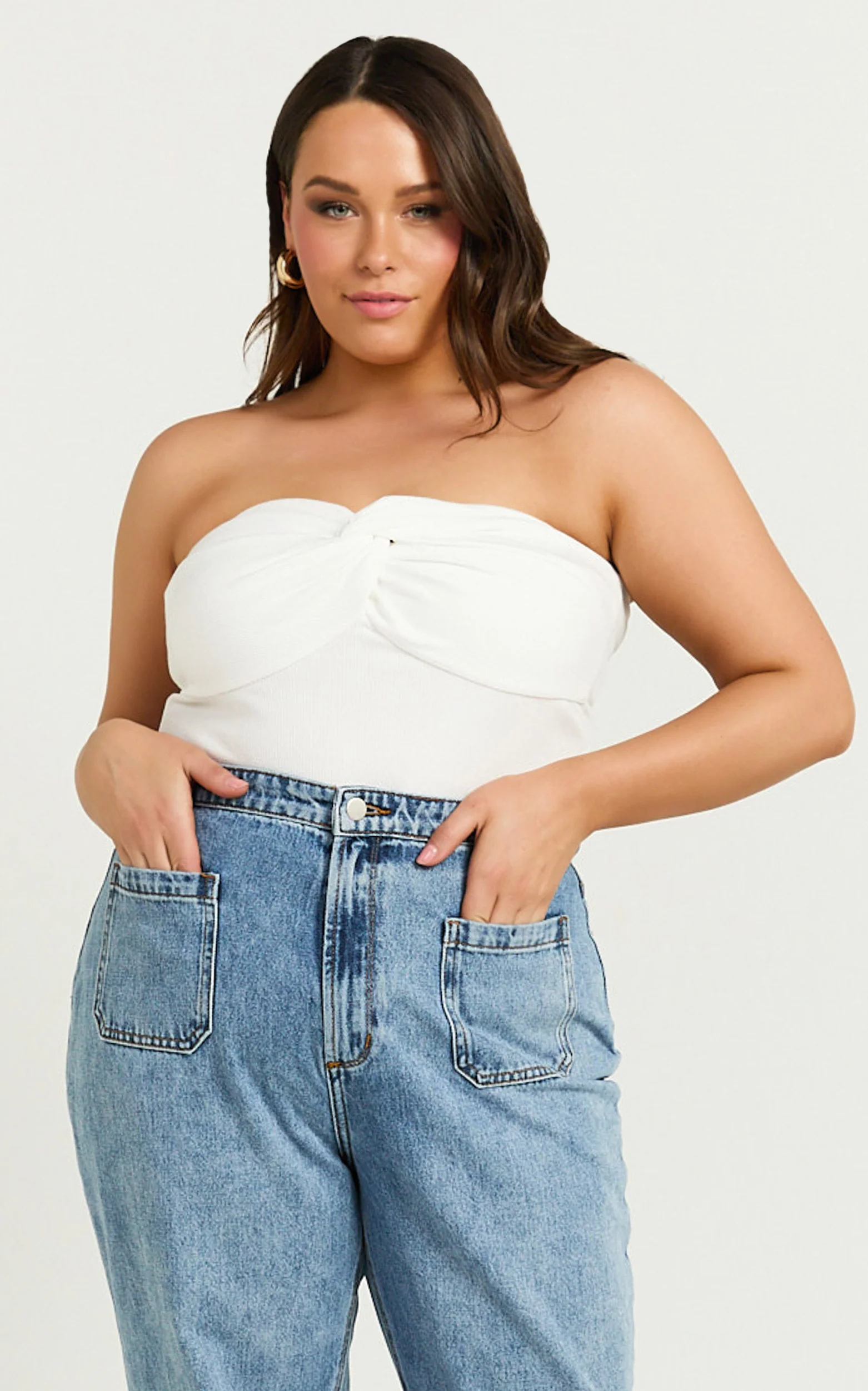 Jelena Top - Jersey Strapless Twist Front Top in White