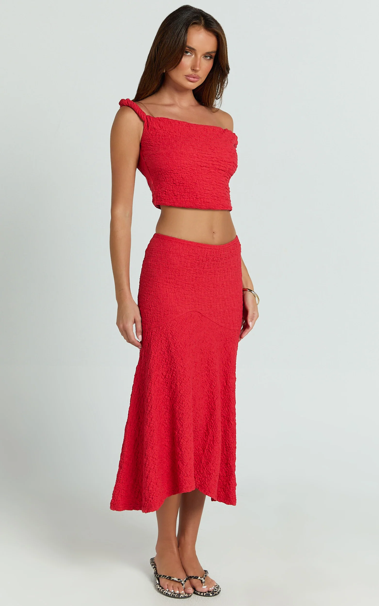 Rowena Two Piece Set - Twist Tip Shoulder Top and Mid Rise Skirt in Deep Red