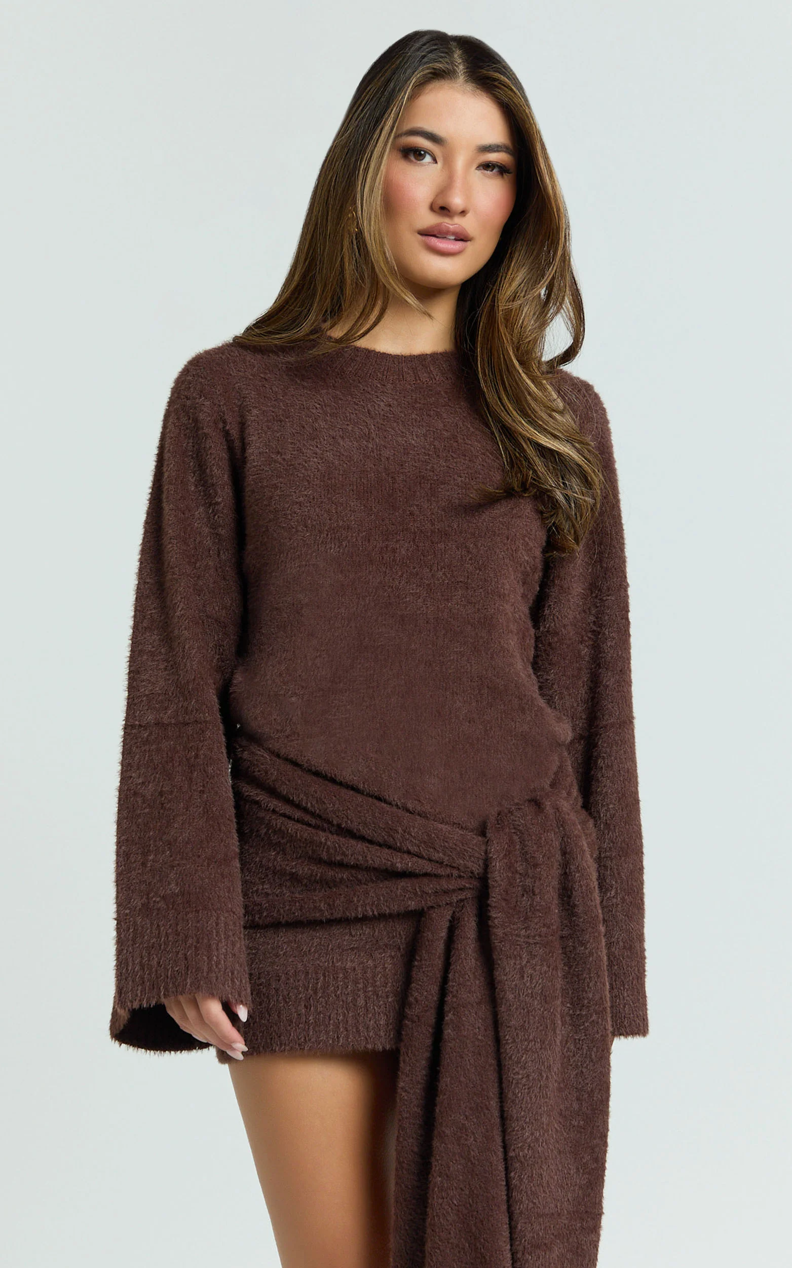 Tisdale Mini Dress - Wrap Skirt Fluffy Knit Jumper Dress in Chocolate