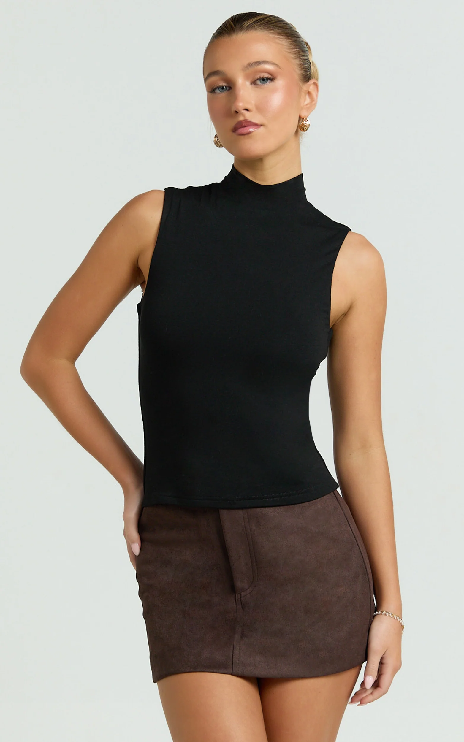 Caitlyn Top - High Neck Sleeveless Tank Top in Black