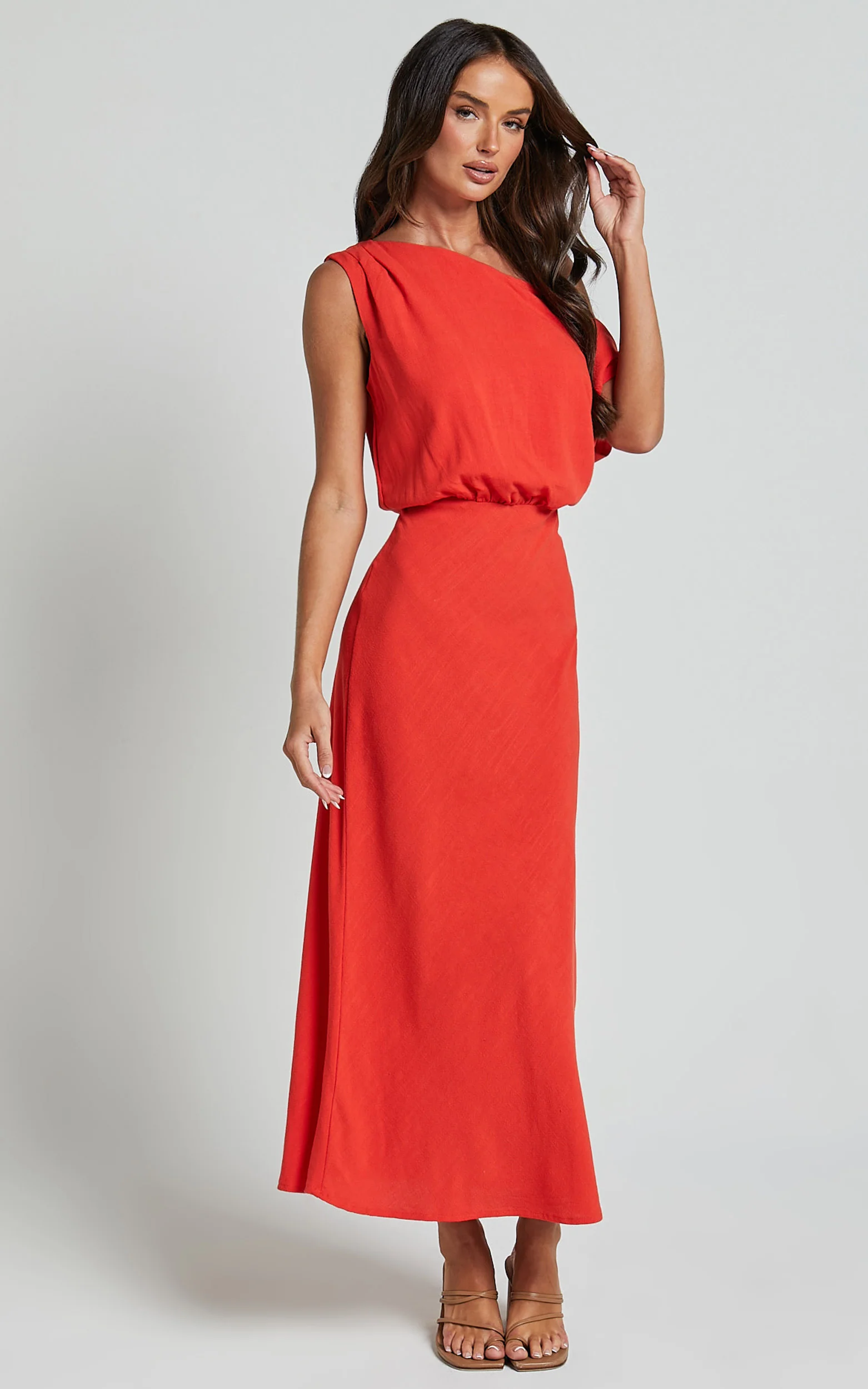 Jacqueline Midi Dress - Linen One Shoulder Dress in Sunset