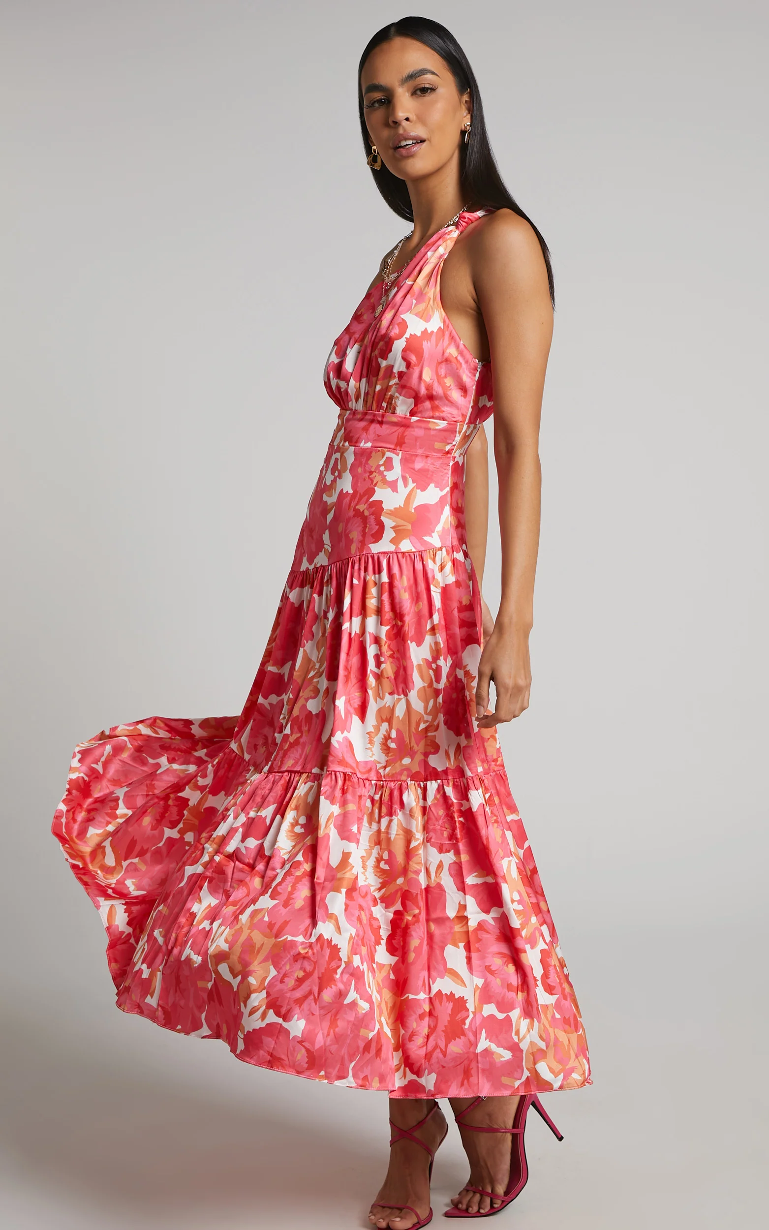 Georgine Midi Dress - One Shoulder Ruched Tiered Dress in Peony Blossom