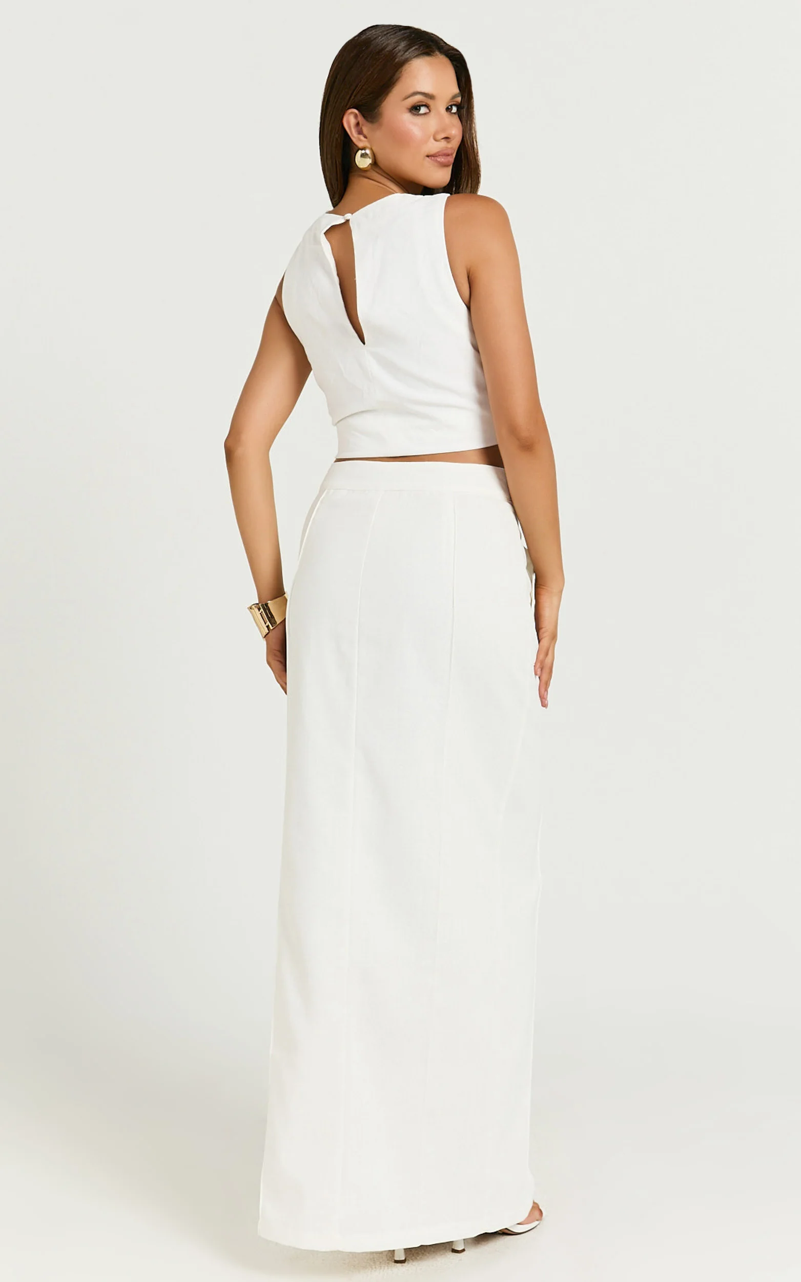 Bethany Maxi Skirt - High Waist Linen Front Split Cargo Skirt in Off White