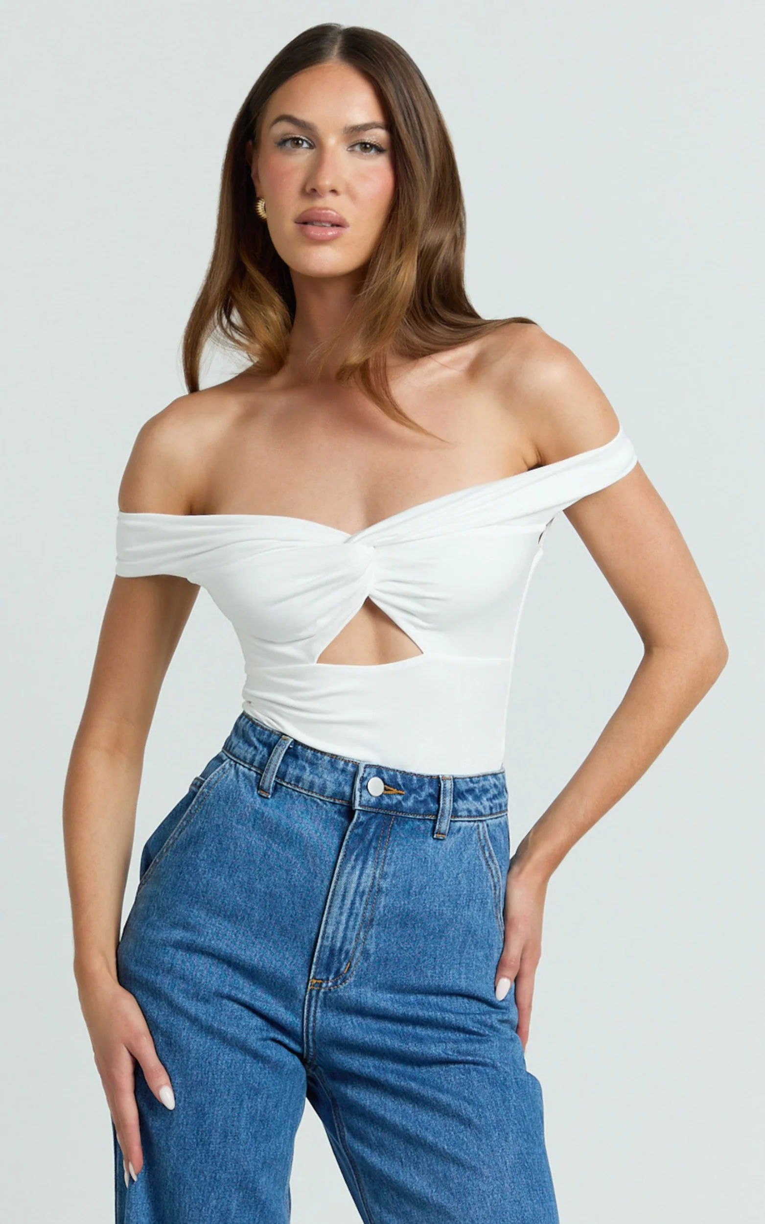 Helen Bodysuit - Twist Off Shoulder Cut Out Bodysuit in White