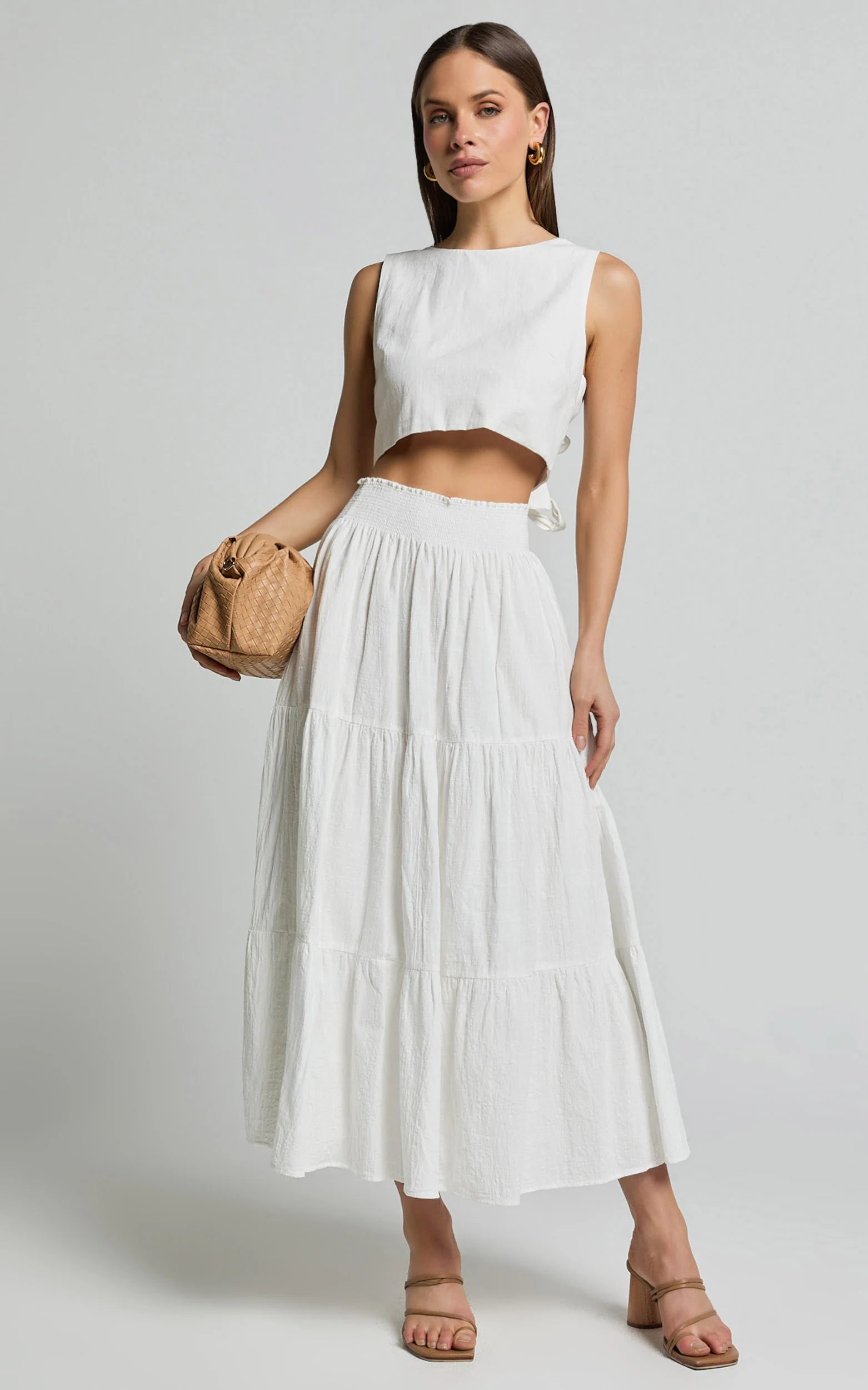 Ruby Midi Skirt - Shirred High Waist Cotton Tiered Skirt in Off White