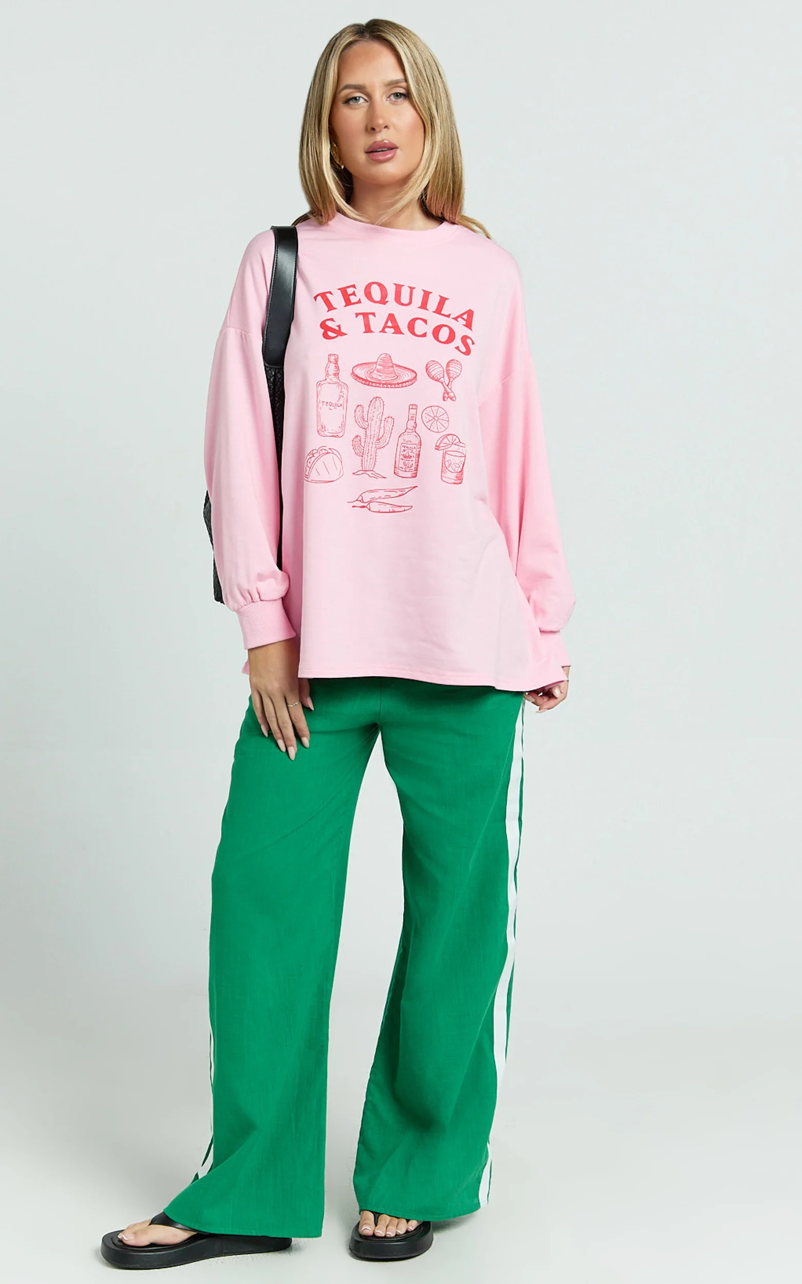 Aina Two Piece Set - Tequila & Tacos Long Sleeve Tee and Pants Set in Pink / Green