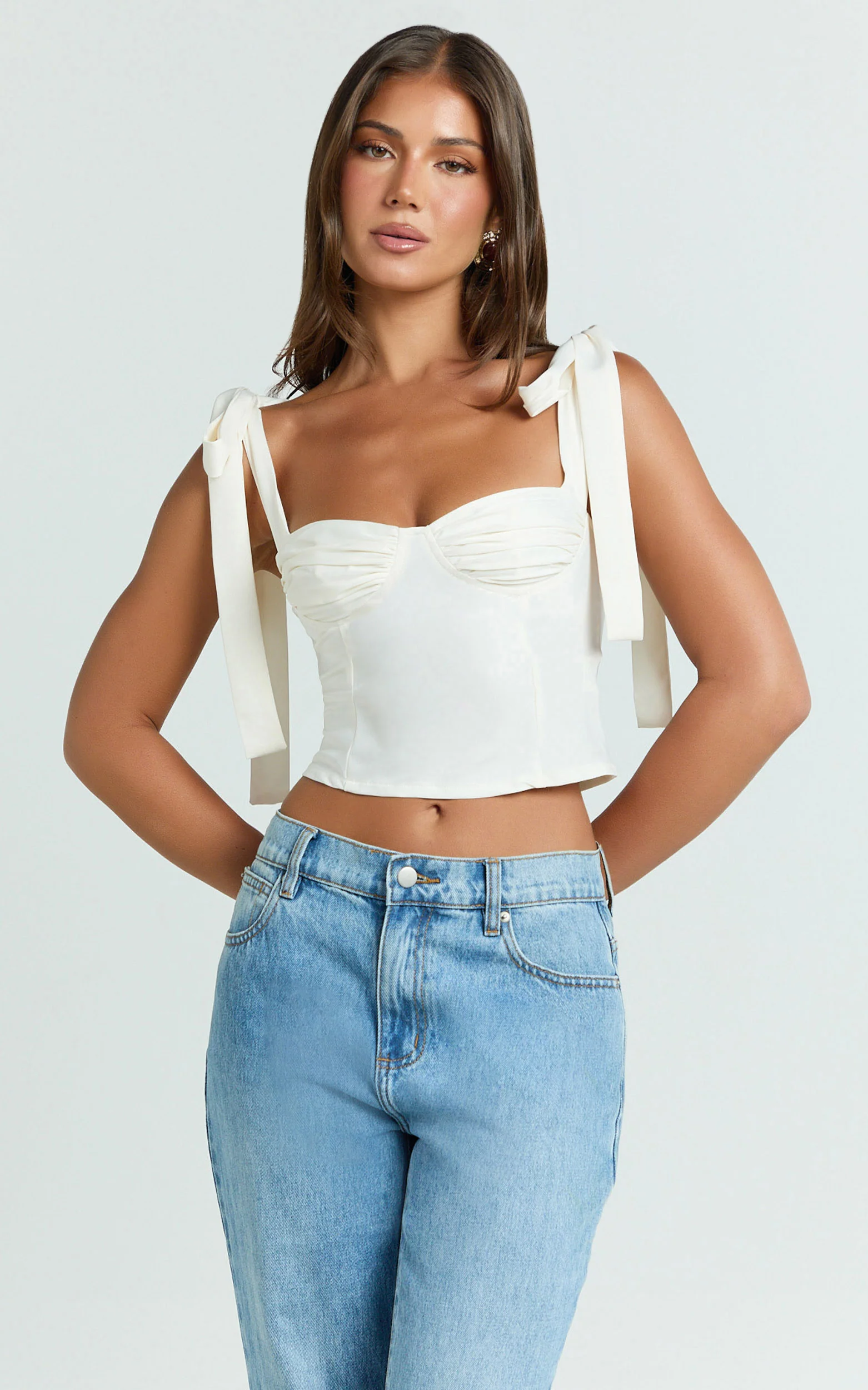 Elsa Top - Tie Shoulder Ruched Bust Bias Cut Top in Ivory