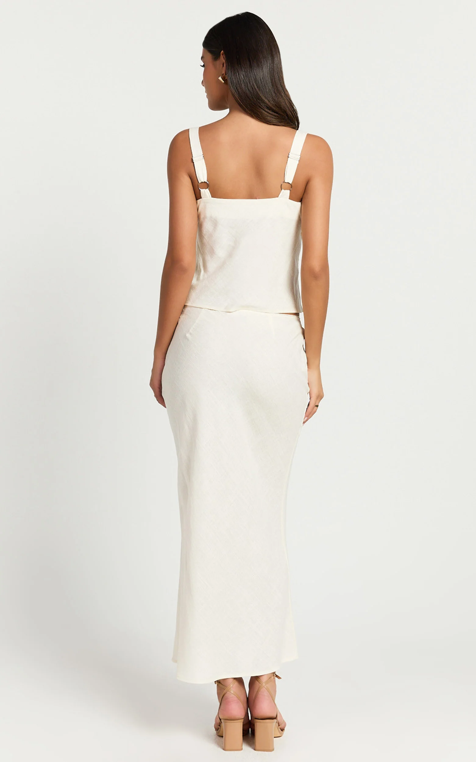 Polly Midi Skirt - Linen Low Waisted Front Bow Slip Skirt in Stone