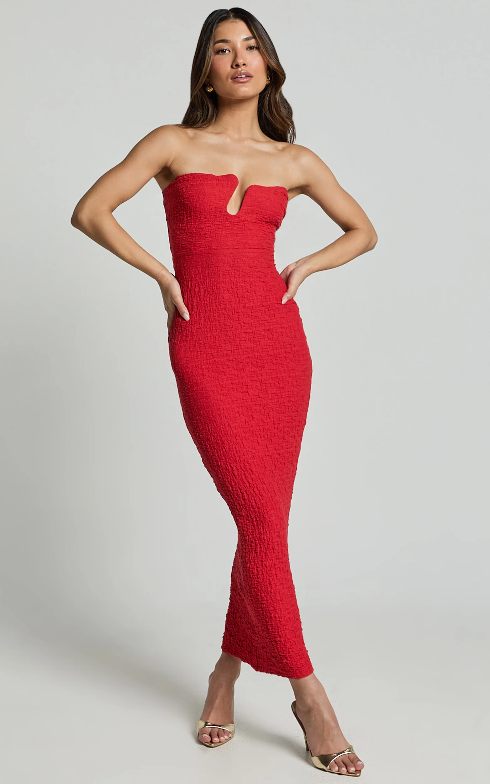 Alberta Maxi Dress - Strapless bust detail textured dress in Red
