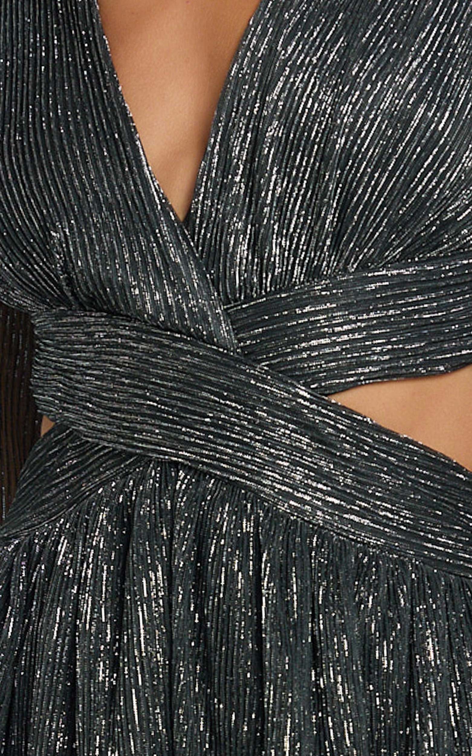 Elaine Mini Dress - Long Sleeve Tiered Plisse Dress in Gunmetal