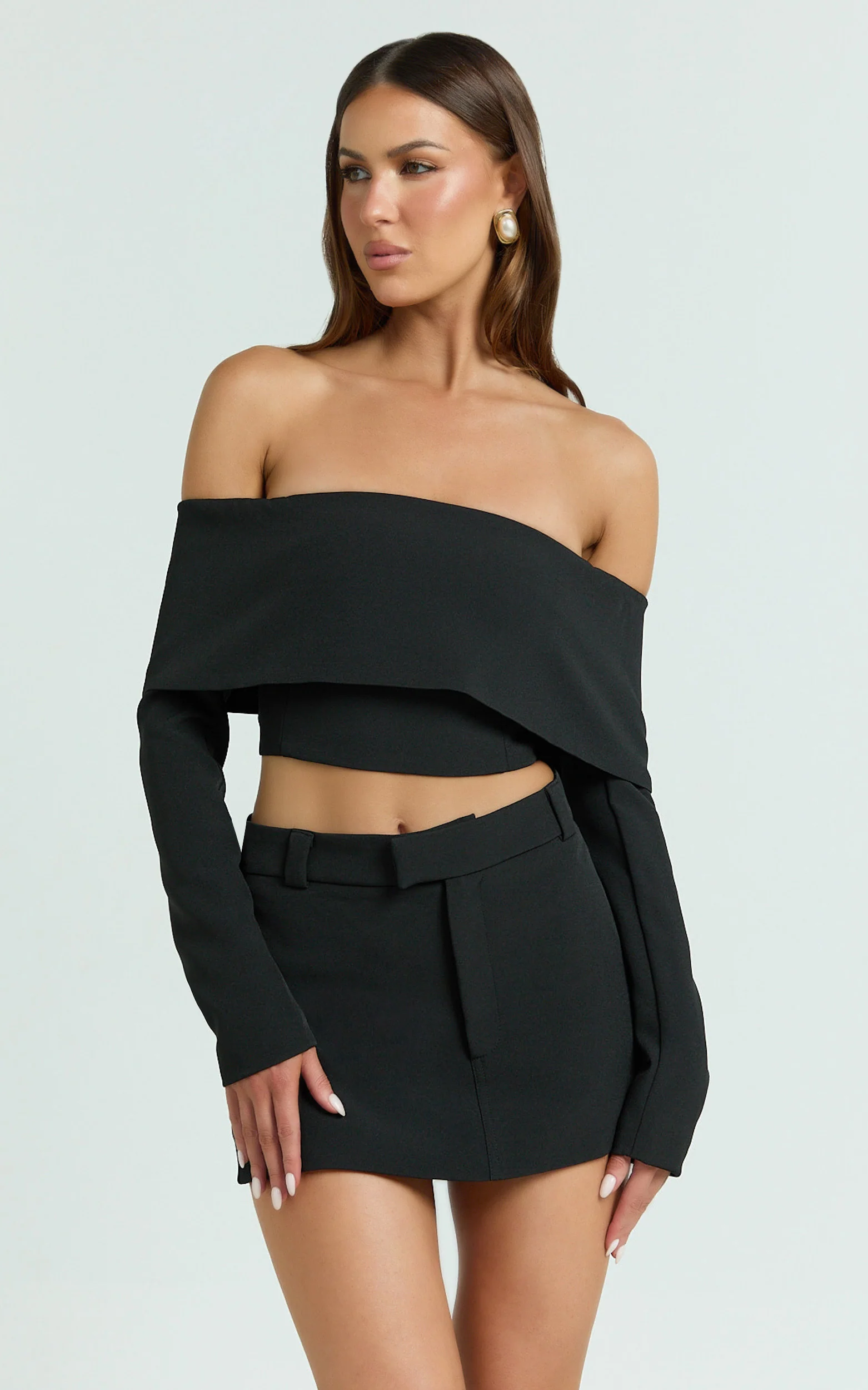 Ursula Top - Long Sleeve Off Shoulder Cropped Top in Black