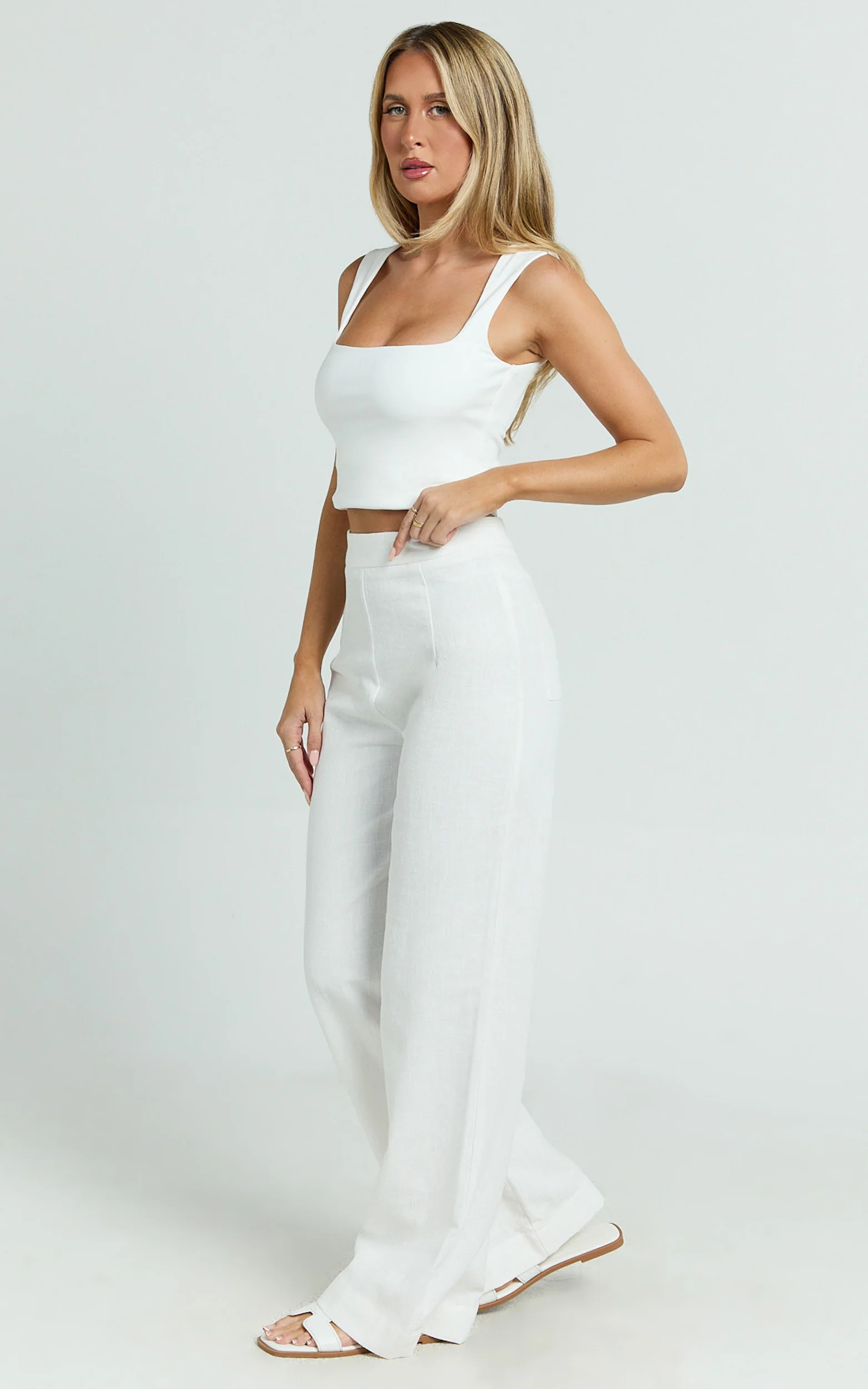 Narcisa Pants - Linen Look High Waist Bootleg Pants in White
