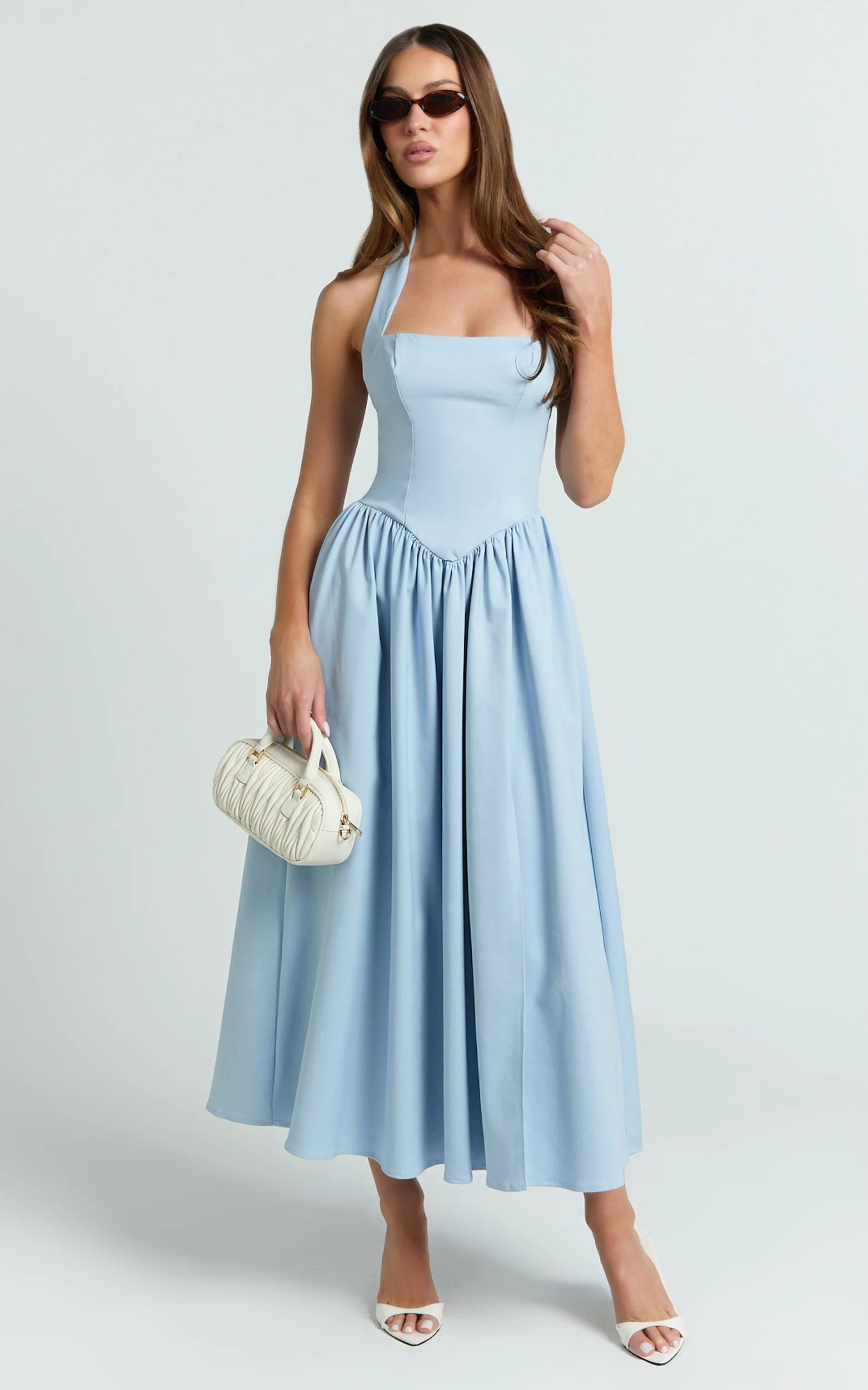 Helda Midi Dress - Halter Tie Neck Corset Panel Dress in Soft Blue