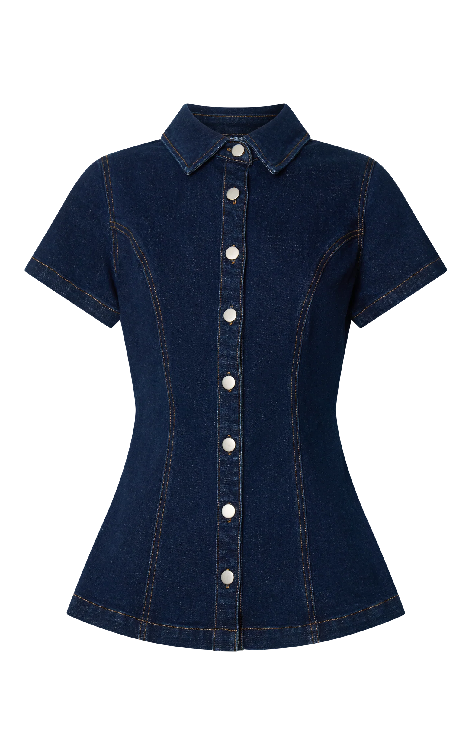 Paige Top - Button Down Short Sleeve Denim Top in Dark Blue Wash