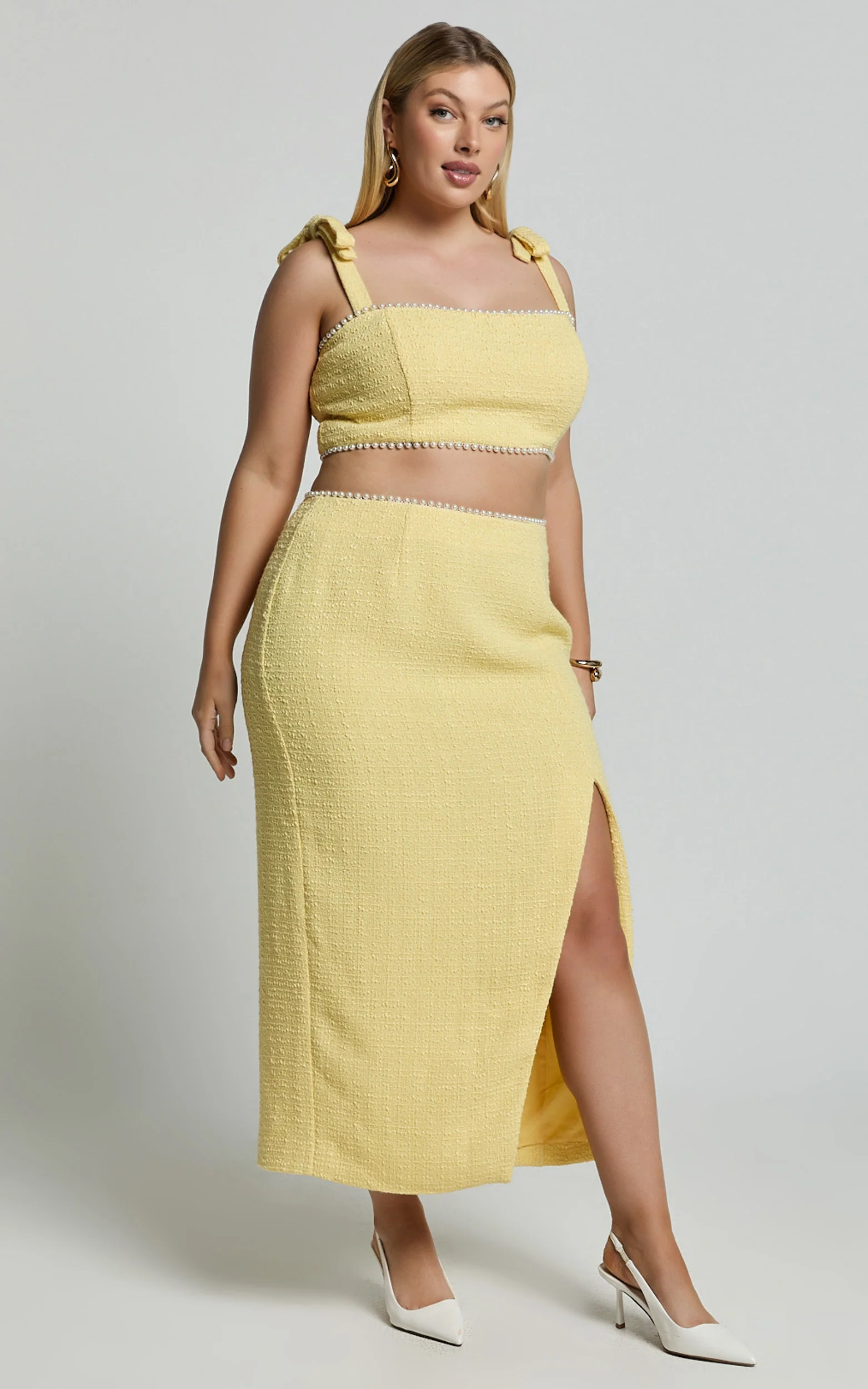 Mitzy Two Piece Set - Boucle Pearl Detail Crop And Faux Wrap Midi Skirt Set in Lemon
