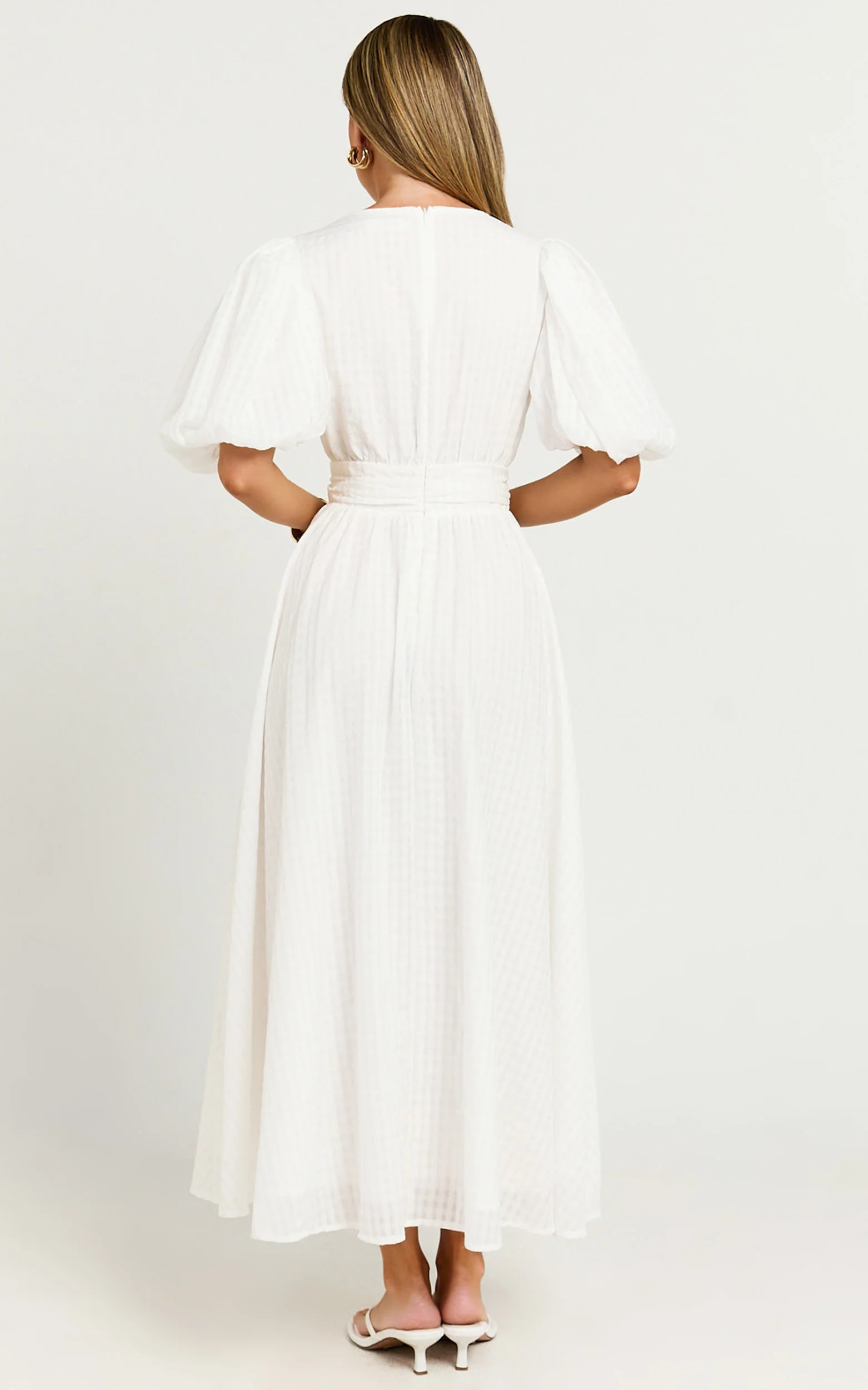 Xandy Midi Dress - Textured Puff Sleeve Plunge Dress in White