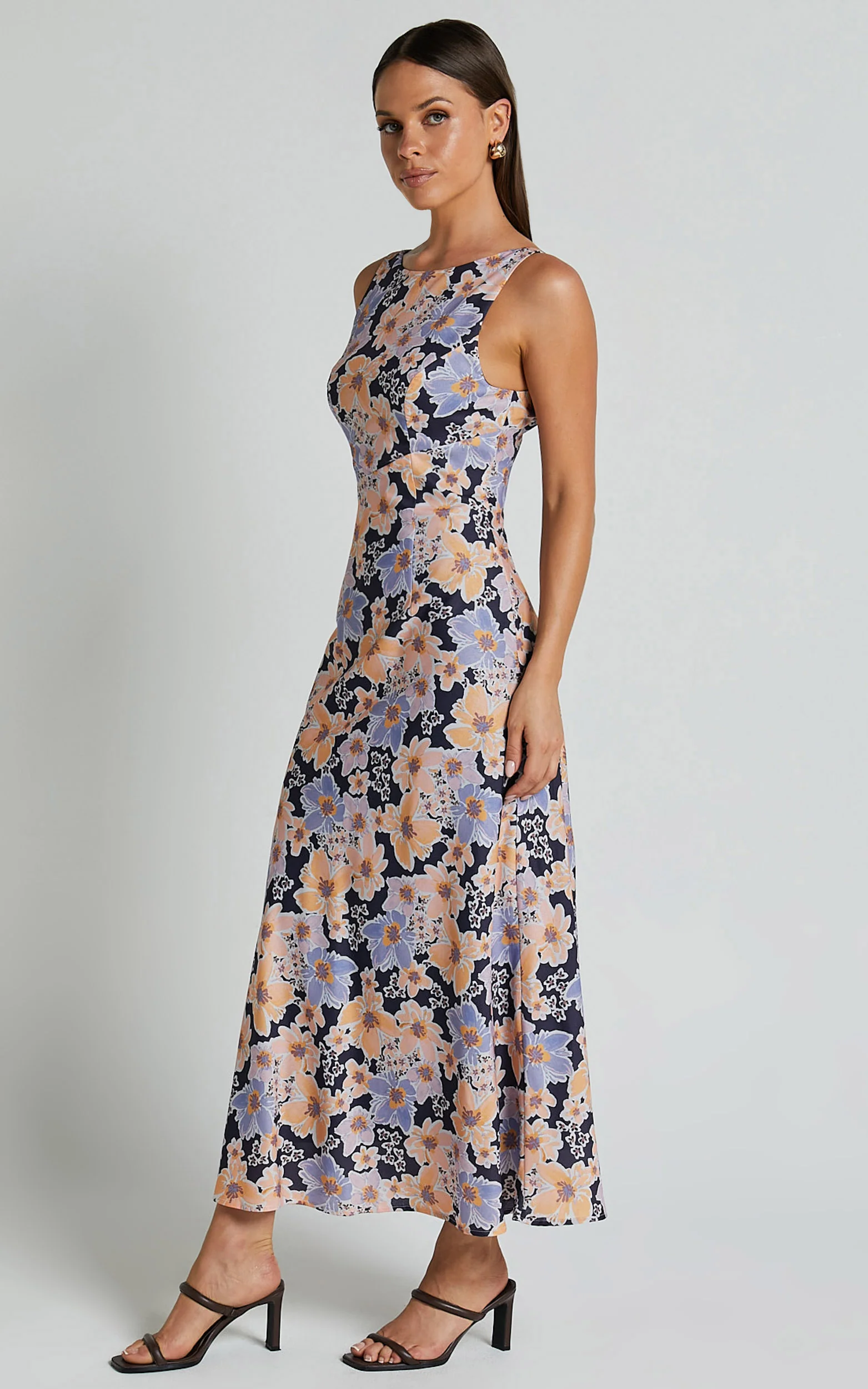 Jenibelle Midi Dress - Boat Neck Open Back Sleeveless Bias Cut Slip Dress in Mellow Floral