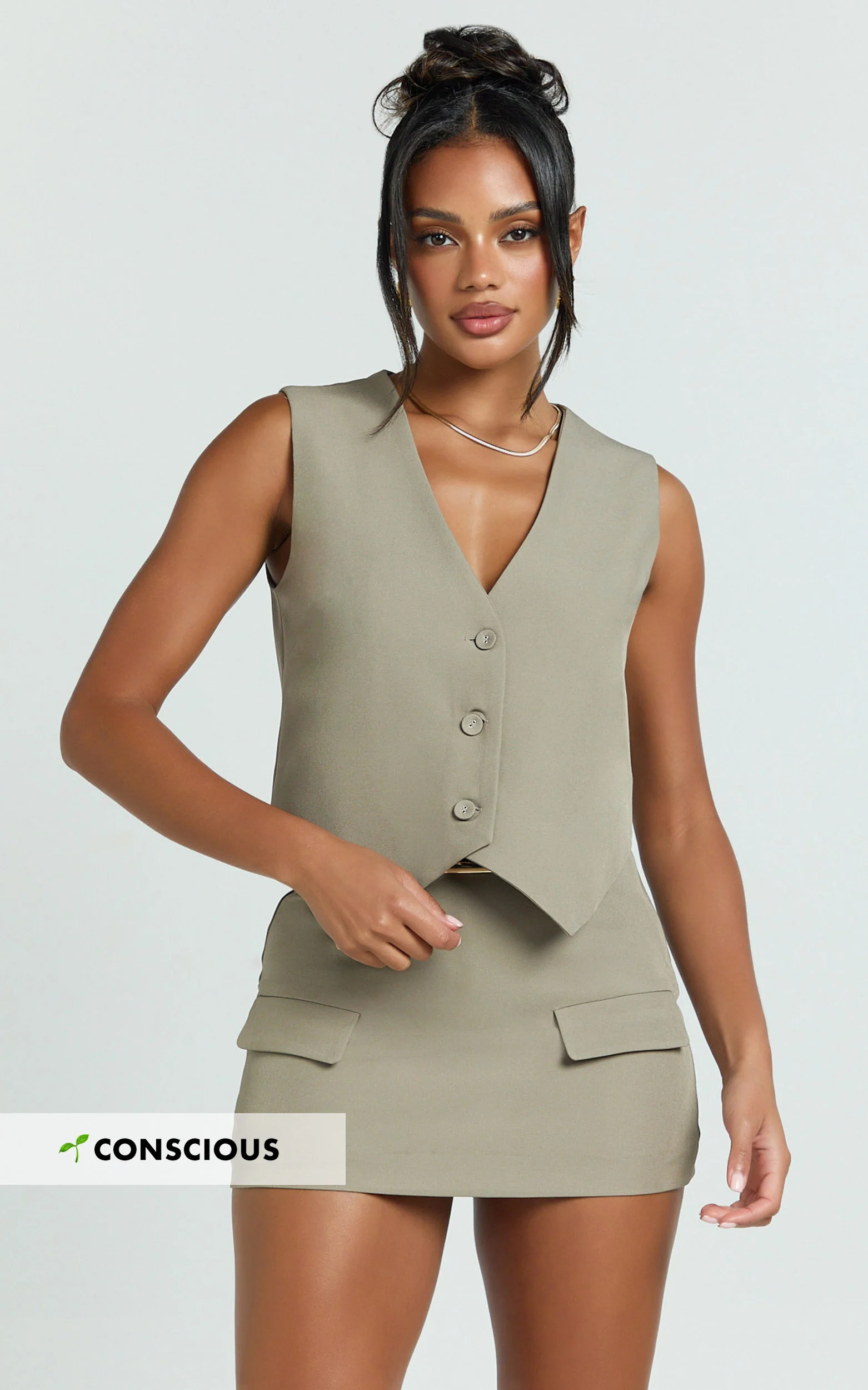 Melinda Top - Recycled Tailored Button Through Vest Top in Light Olive