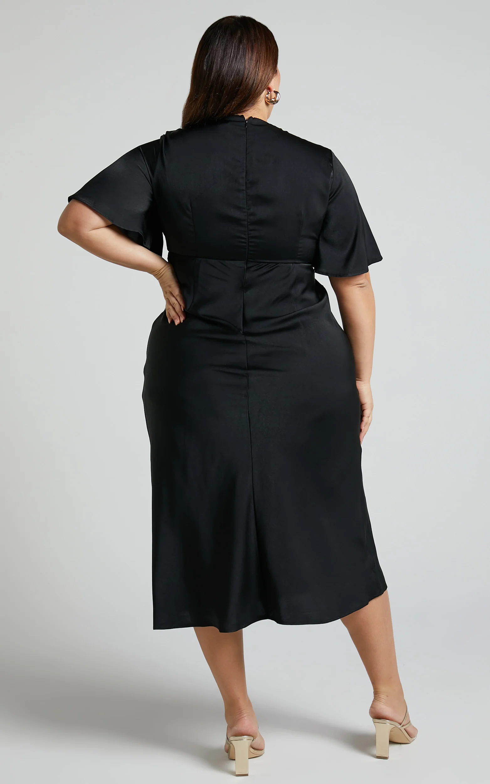 Nicholla Midi Dress - Ruched Front Angel Sleeve Slip Dress in Black