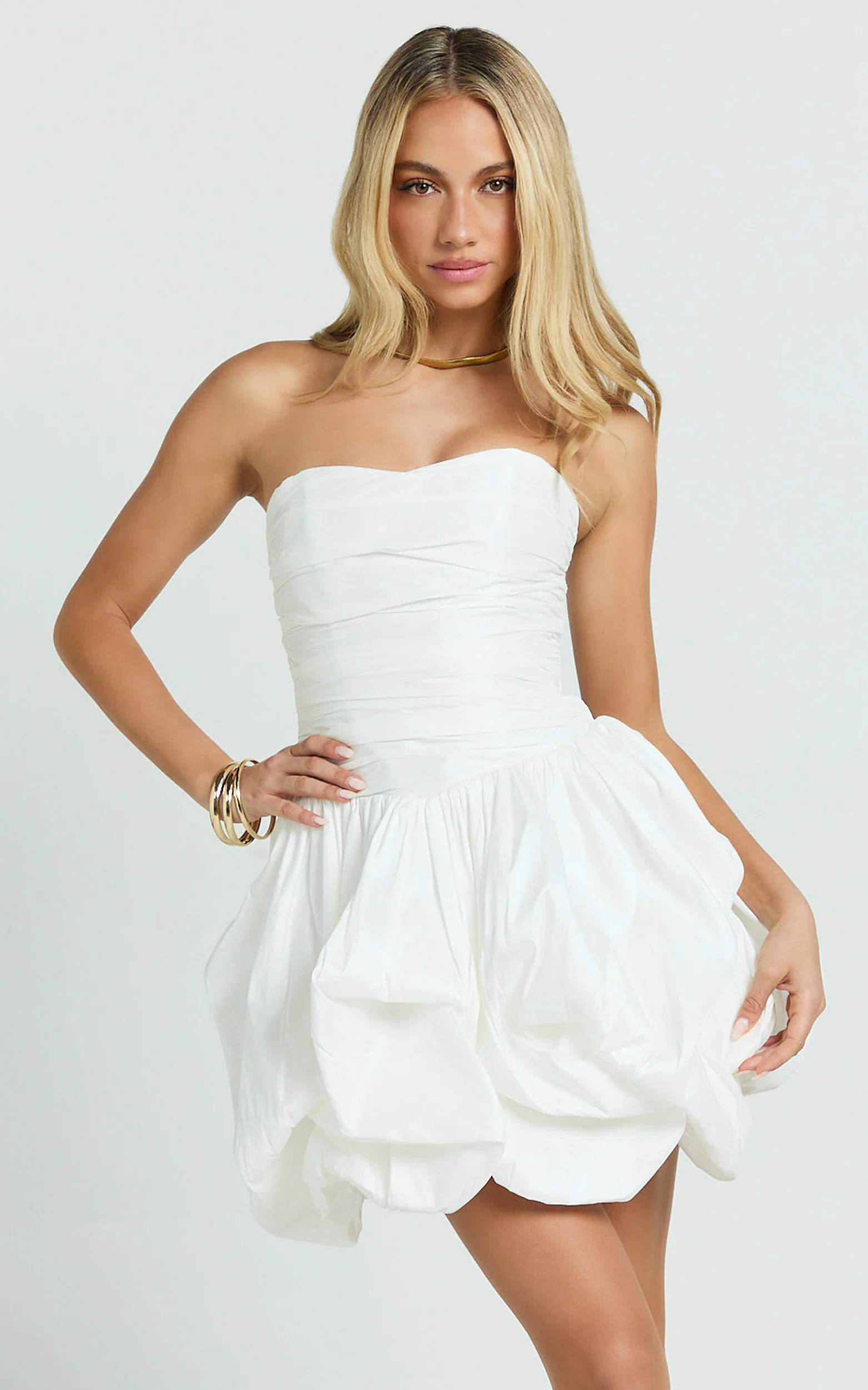 Deb Mini Dress - Ruched Strapless Bubble Hem Dress in Off White