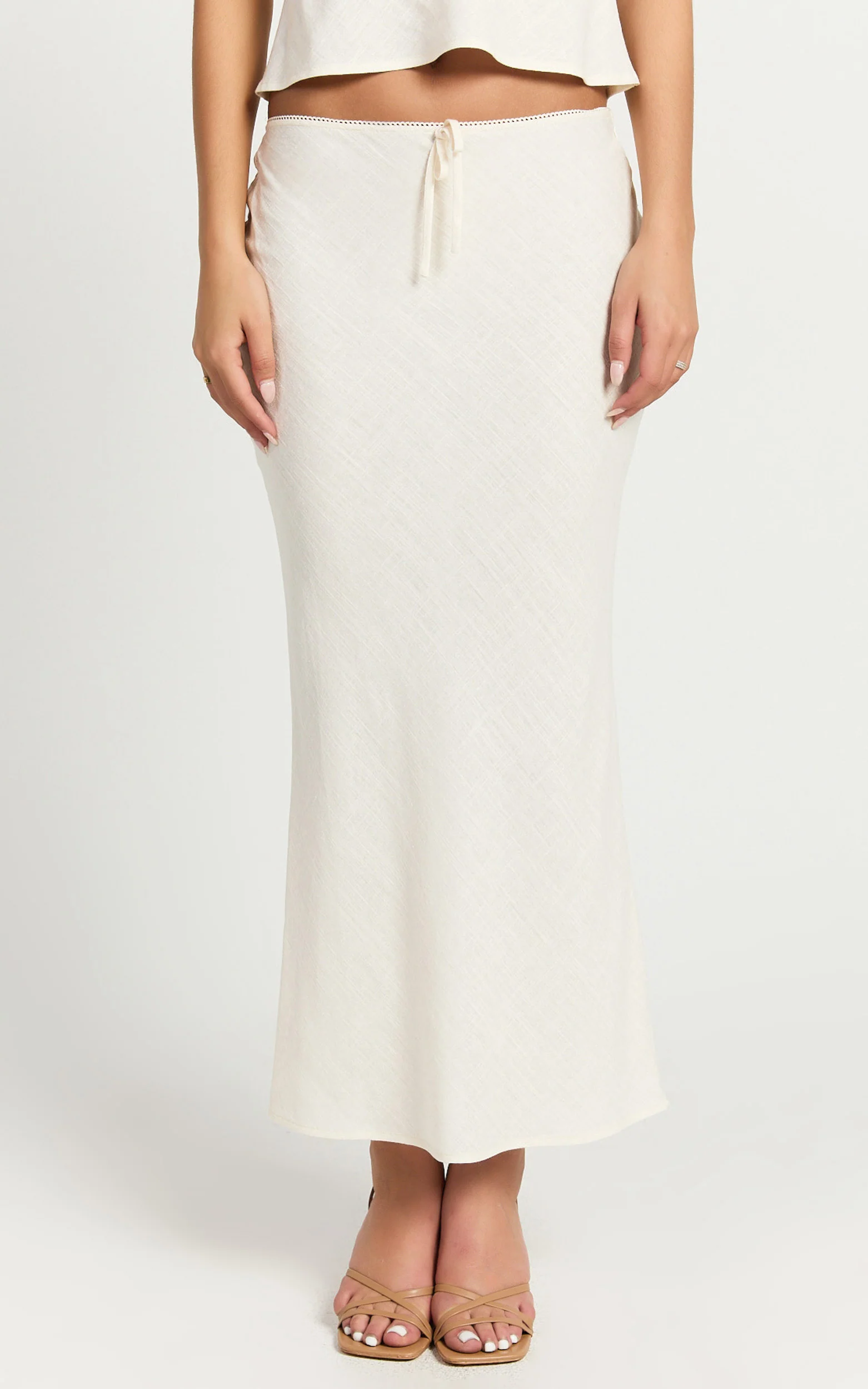 Polly Midi Skirt - Linen Low Waisted Front Bow Slip Skirt in Stone