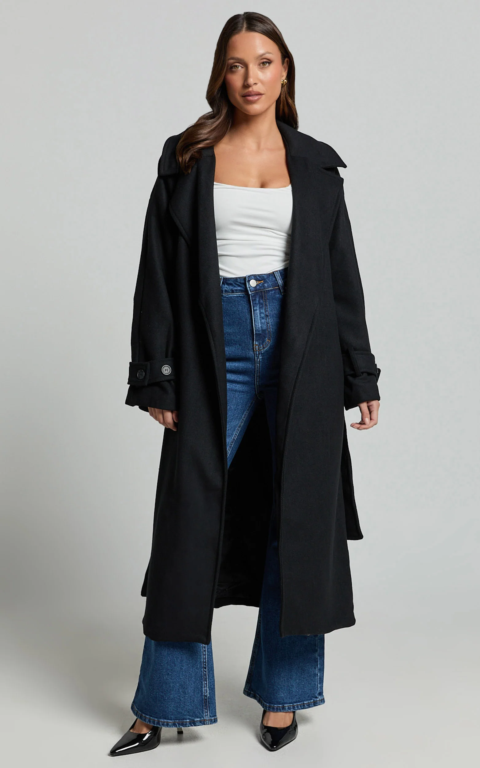 Mella Coat - Belted Longline Coat in Black