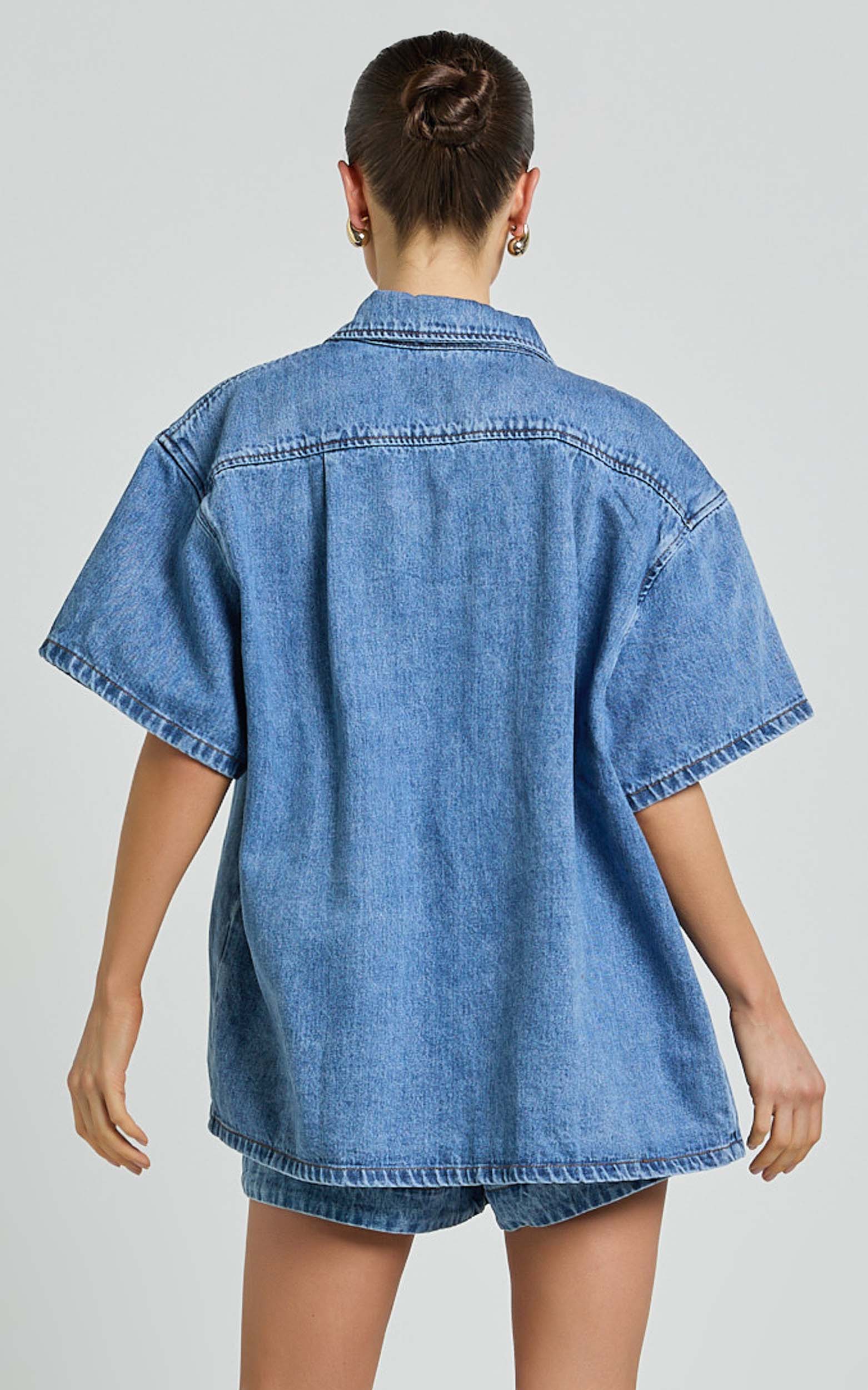Rhianna Top - Oversized Recycled Denim Hardware Detail Short Sleeve Shirt in Mid Blue Wash