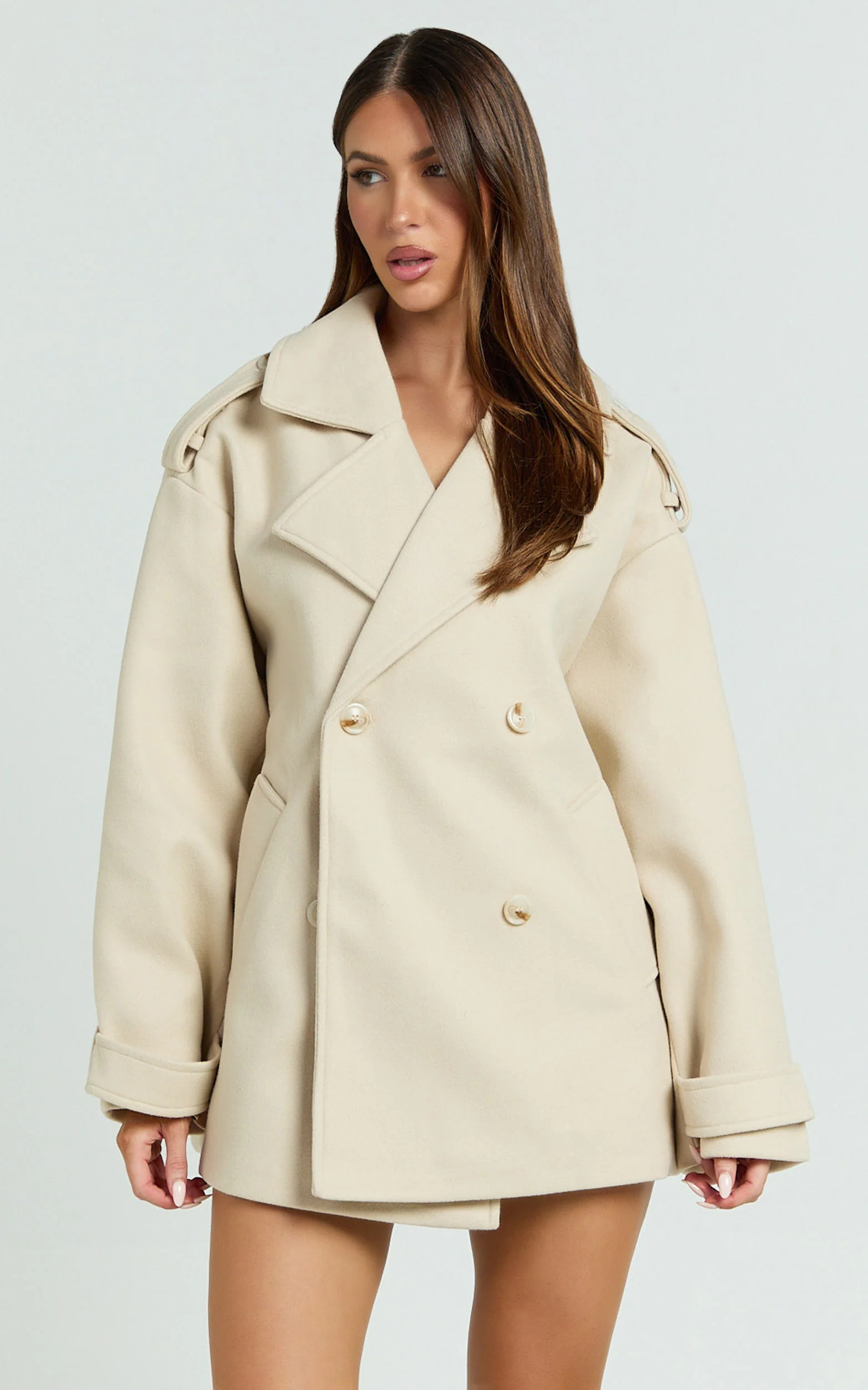 Adriana Coat - Double Breasted Short Wool Like Coat in Cream