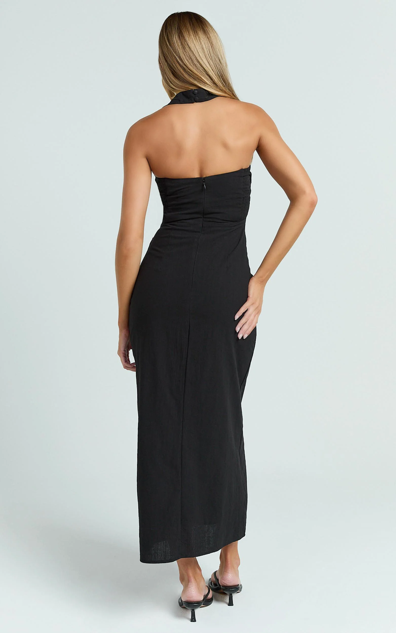 Murray Midi Dress - Deep U Halter Neck Dress in Black