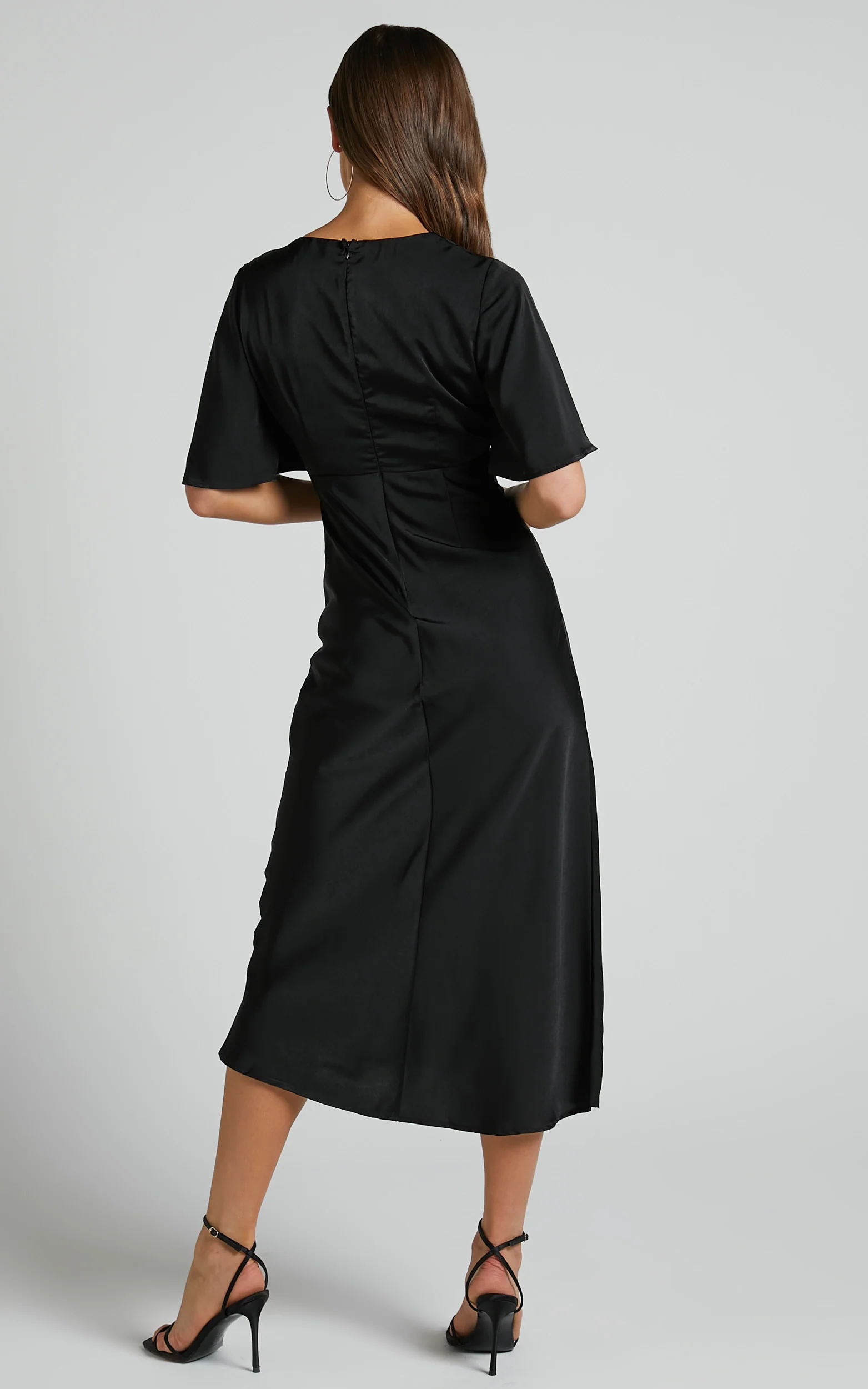 Nicholla Midi Dress - Ruched Front Angel Sleeve Slip Dress in Black