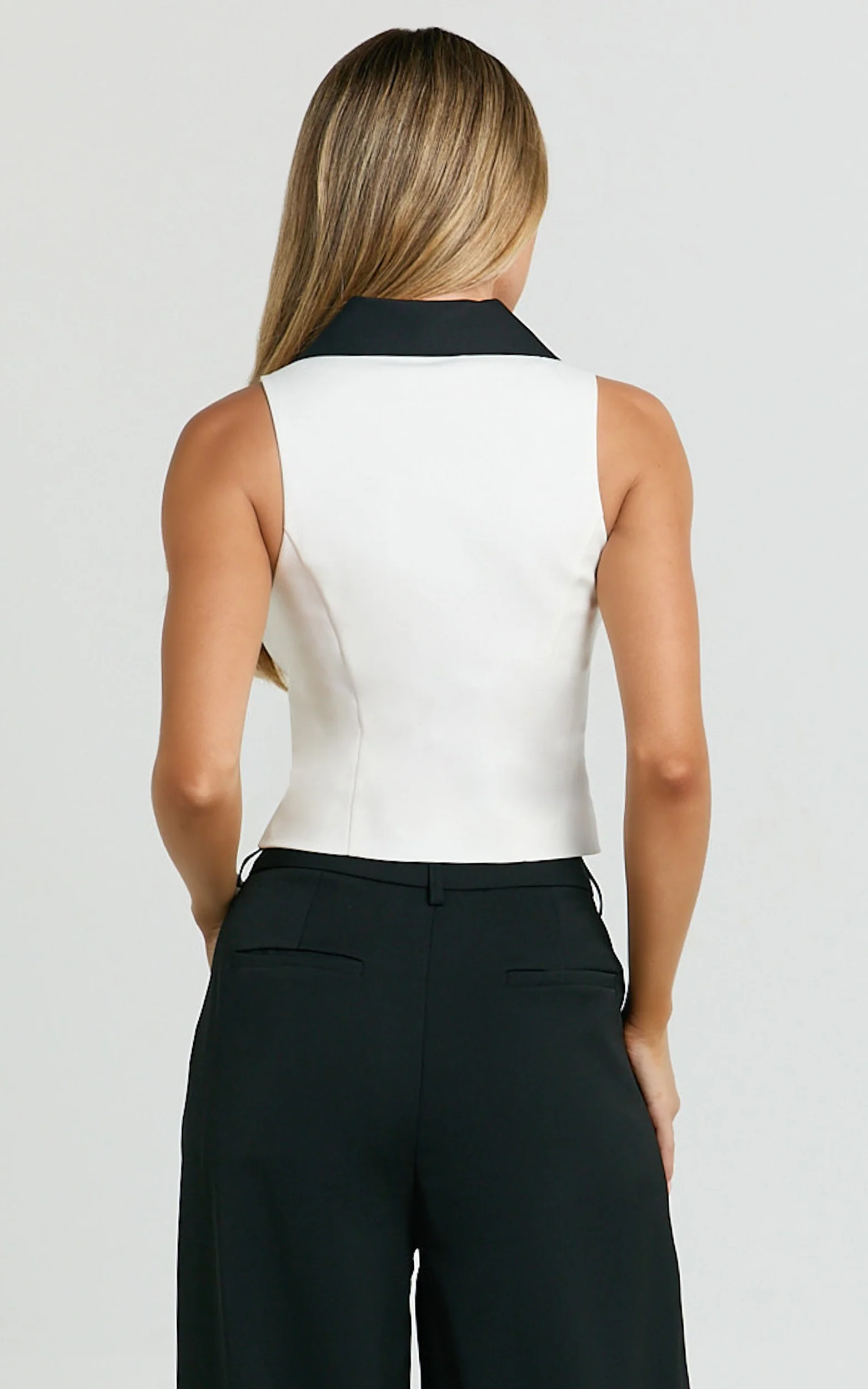 Laurel Top - Contrast Shawl Collar Button Down Vest Top in Off White & Black