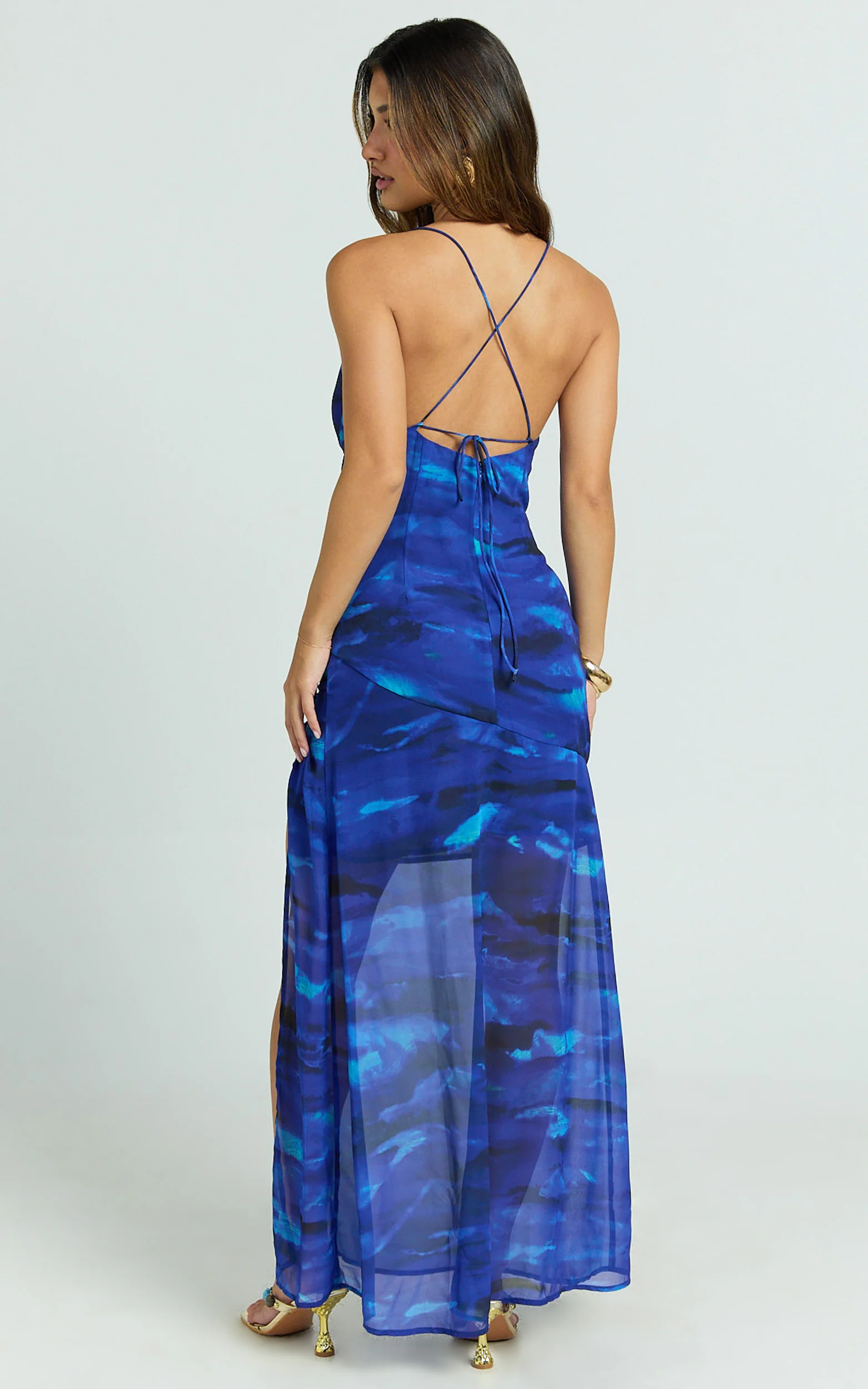 Cher Maxi Dress - Strappy Cowl Neck Bias Cut Georgette Dress in Blue Abstract