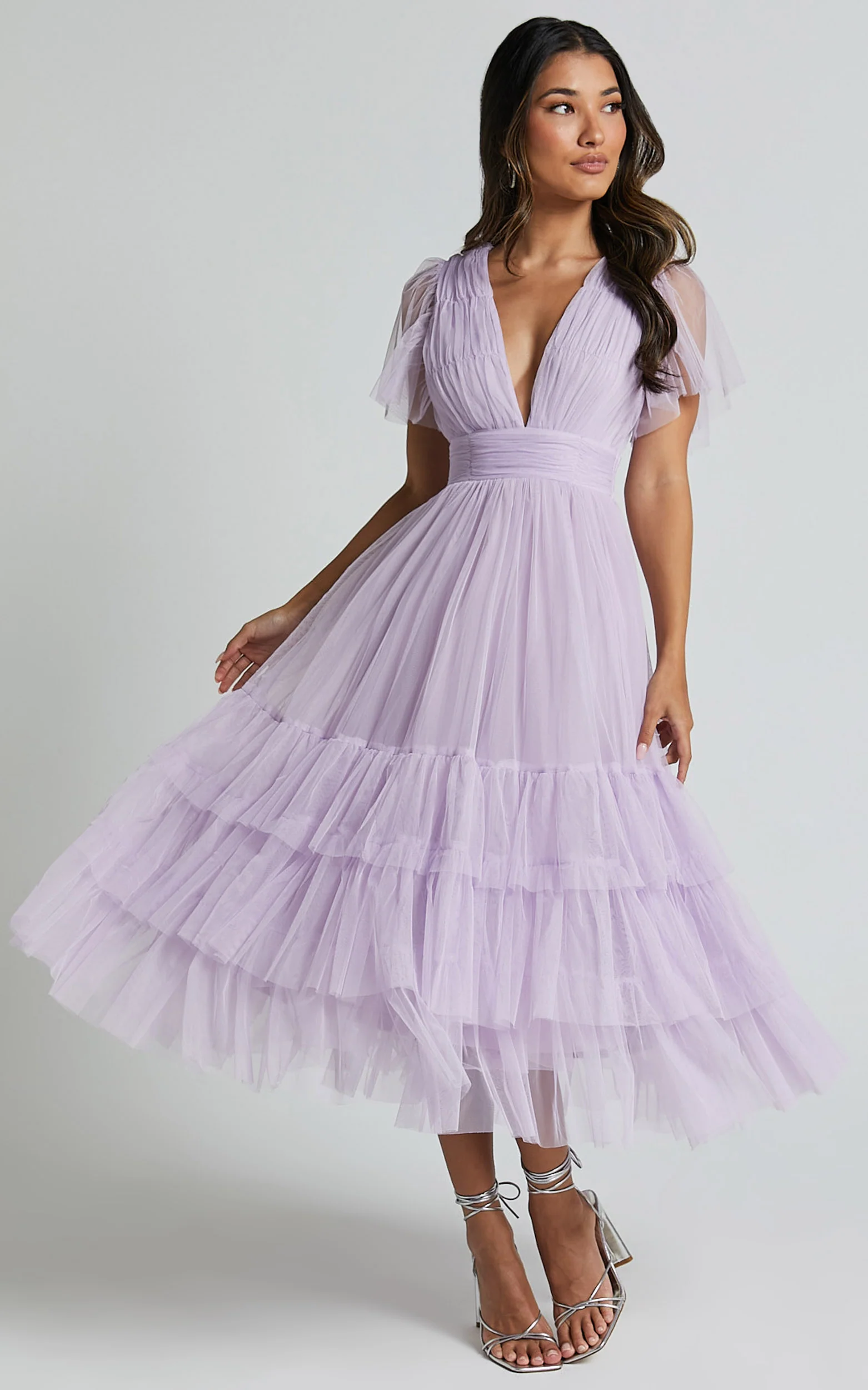 Jiraye Midi Dress - Flutter Sleeve Tuelle Plunge Dress in Lilac