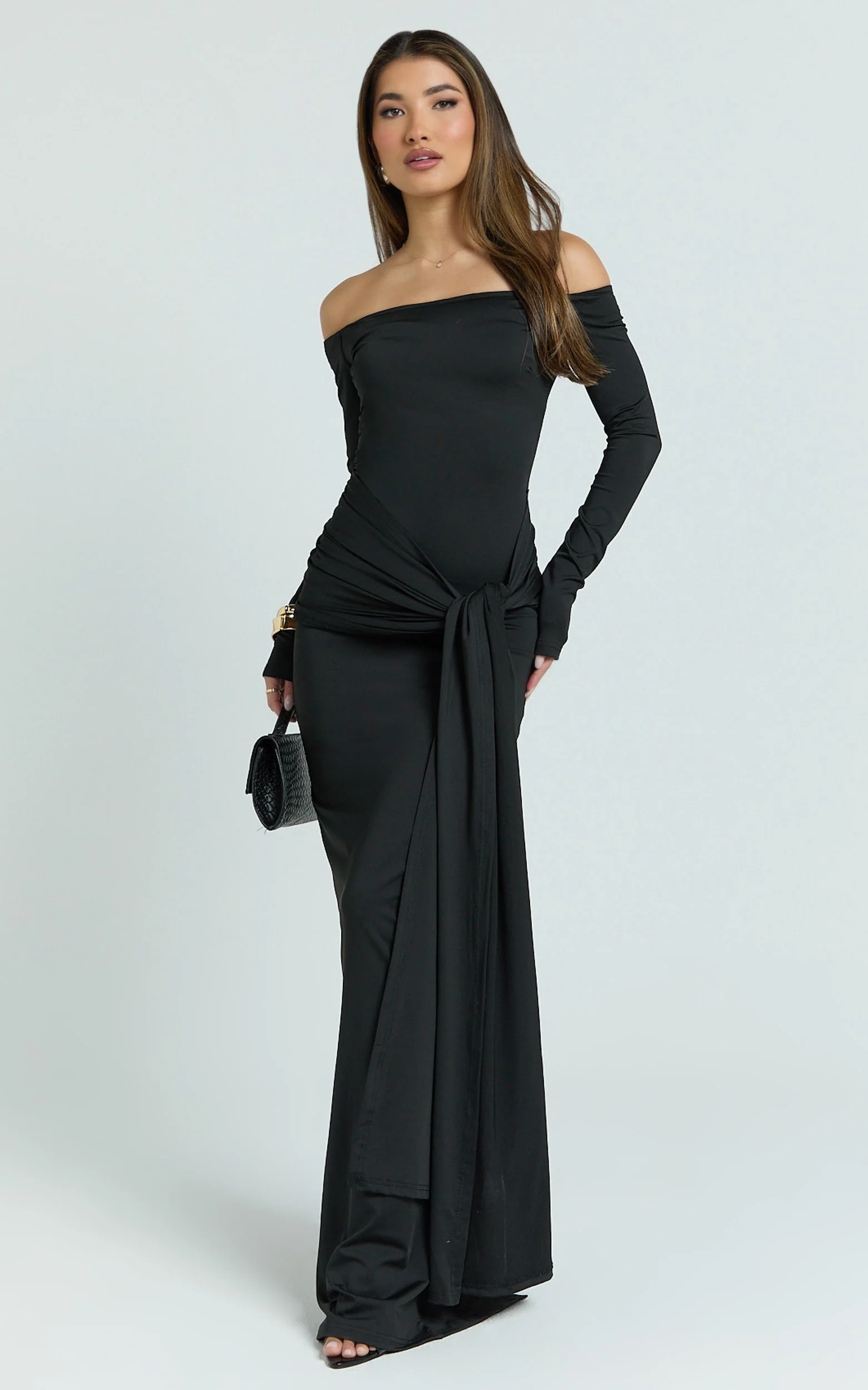 Judith Maxi Dress - Boat Neck Backless Tie Front Long Sleeve Jersey Dress in Black