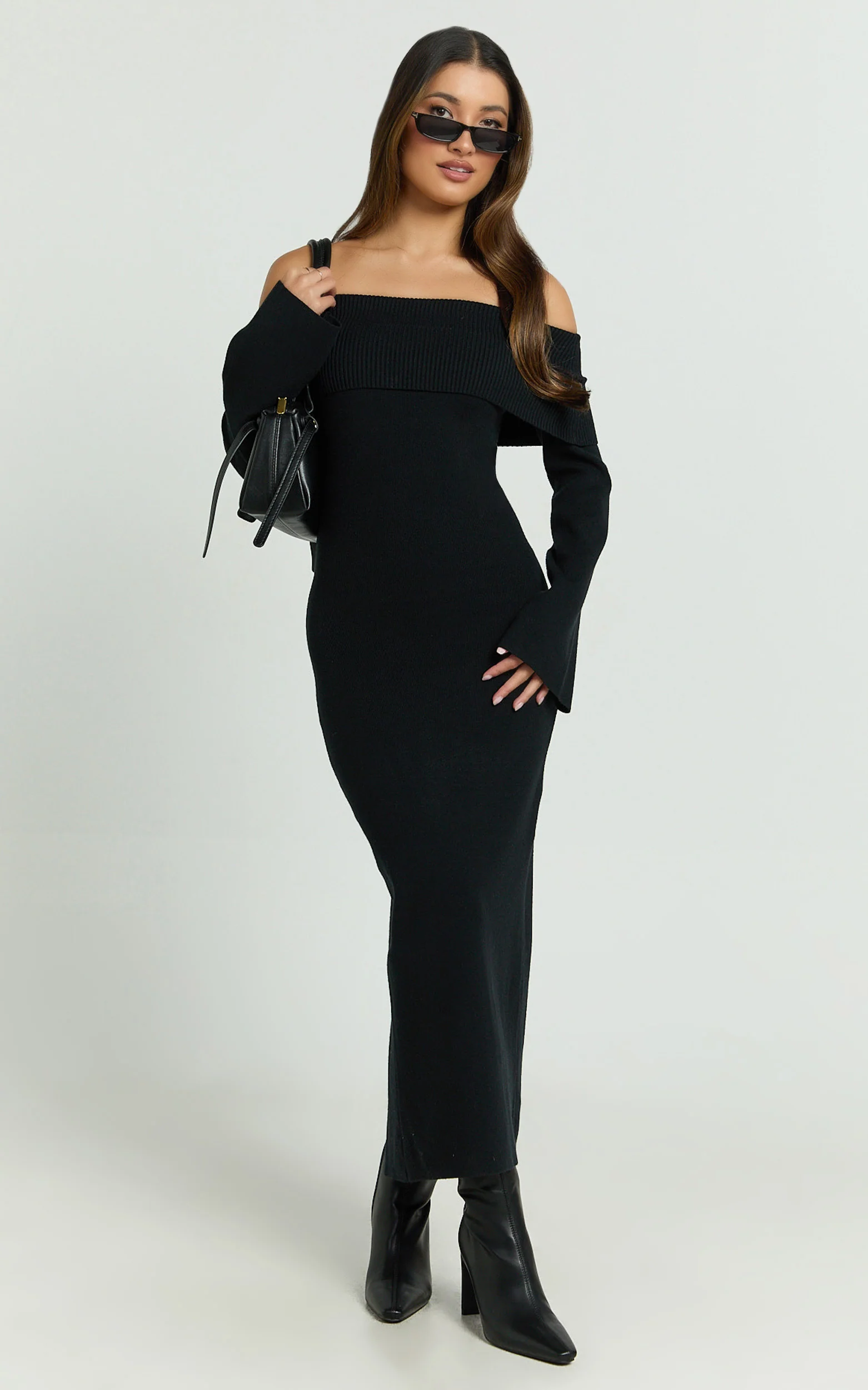 Maisie Midi Dress - Off Shoulder Long Sleeve Fitted Column Knit Dress in Black