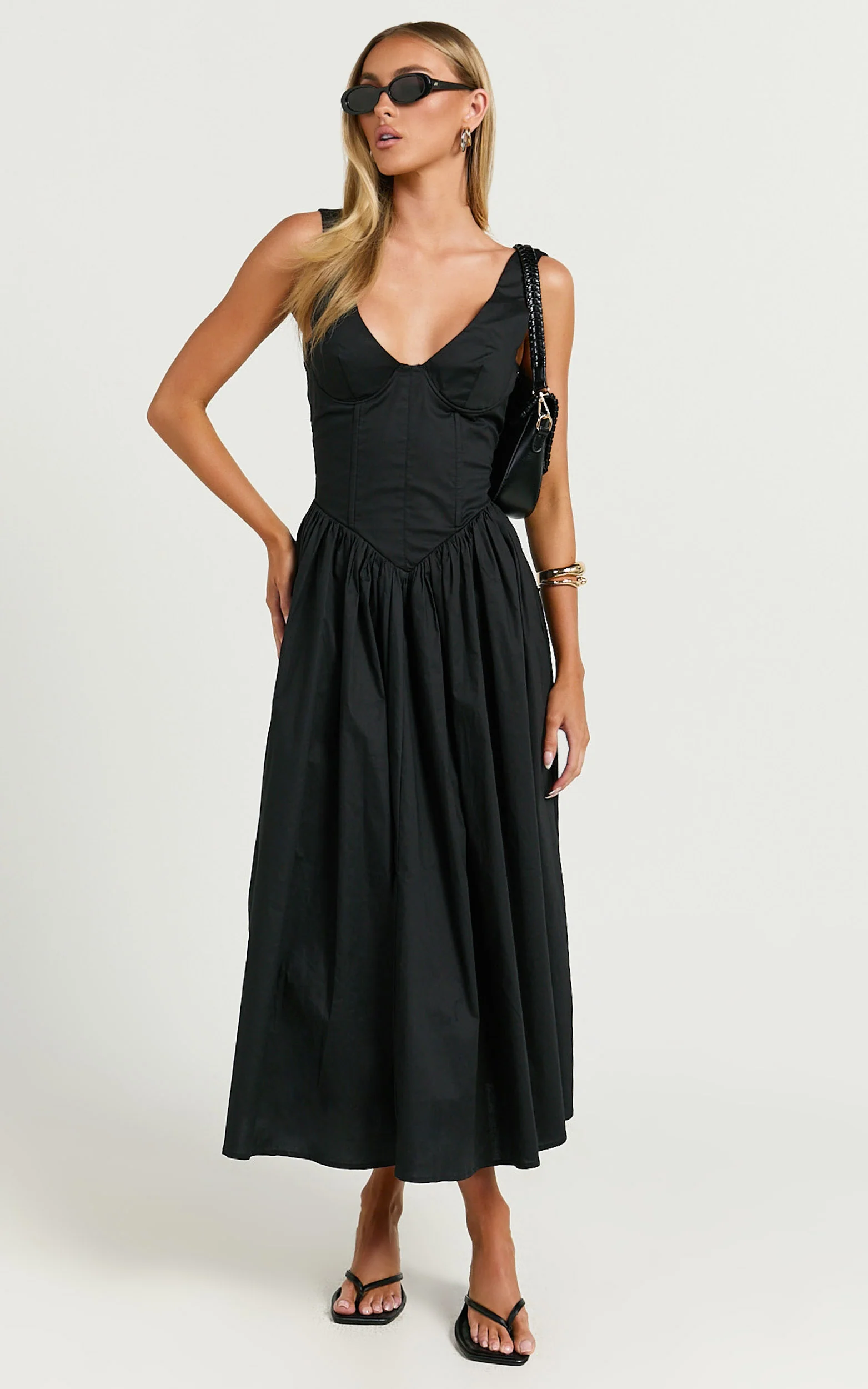 Beckett Midi Dress - Scoop Neck Drop V Waist Gathered Skirt Dress in Black
