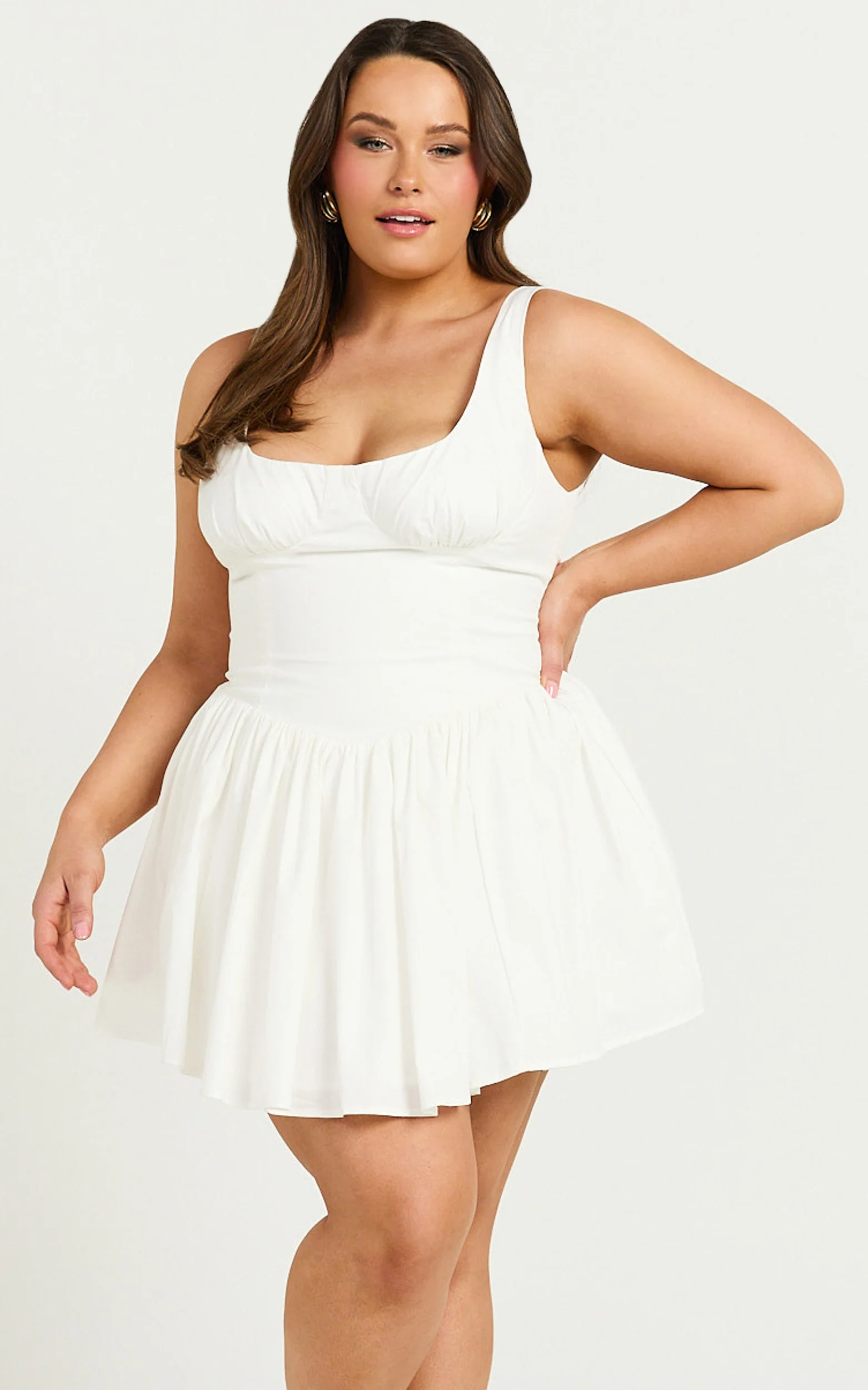 Helga Mini Dress - Low Scoop Neck Fit and Flare Dress in Ivory