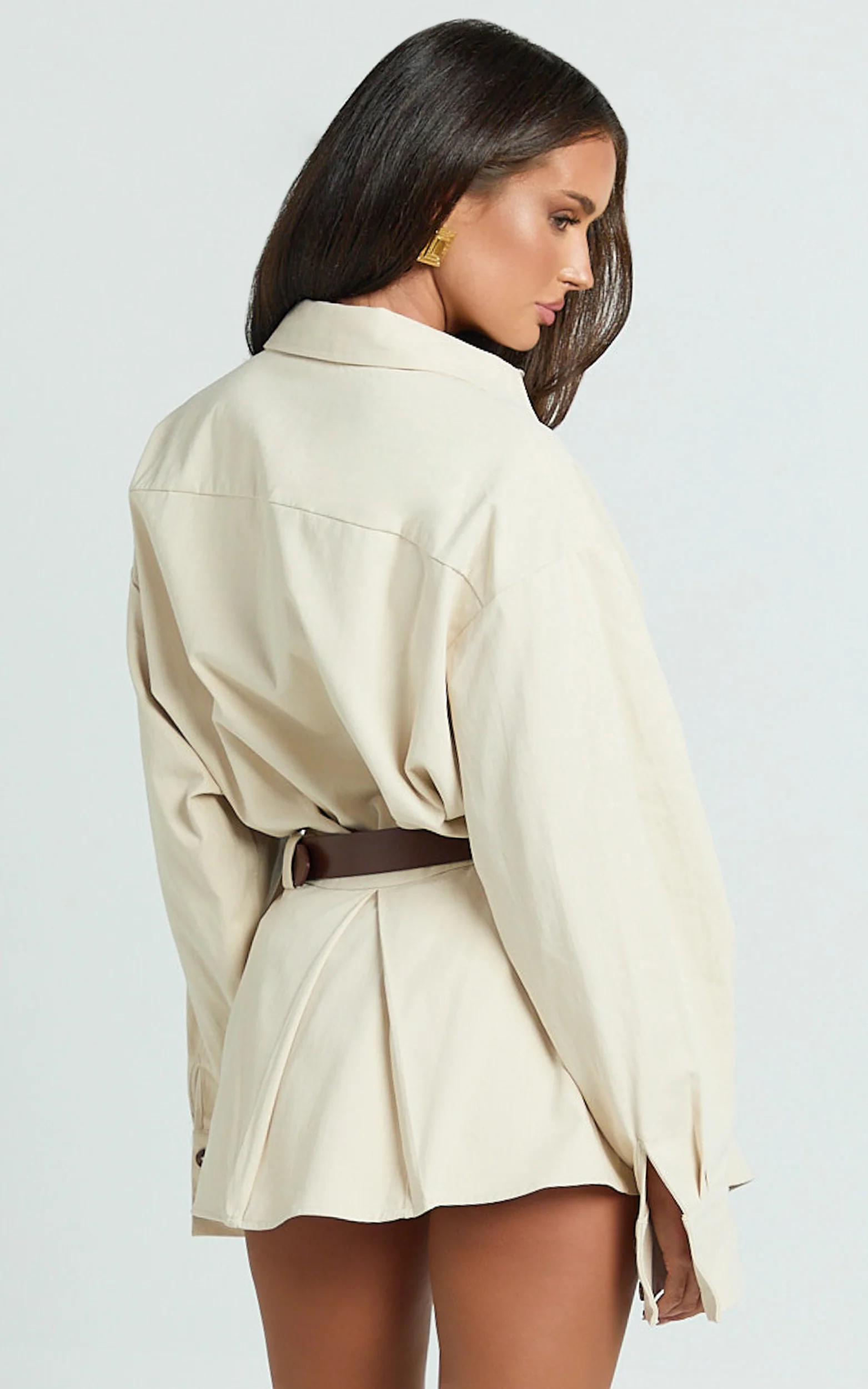 Tiffany Top - Long Sleeve Oversized Utility Button Down Shirt in Stone