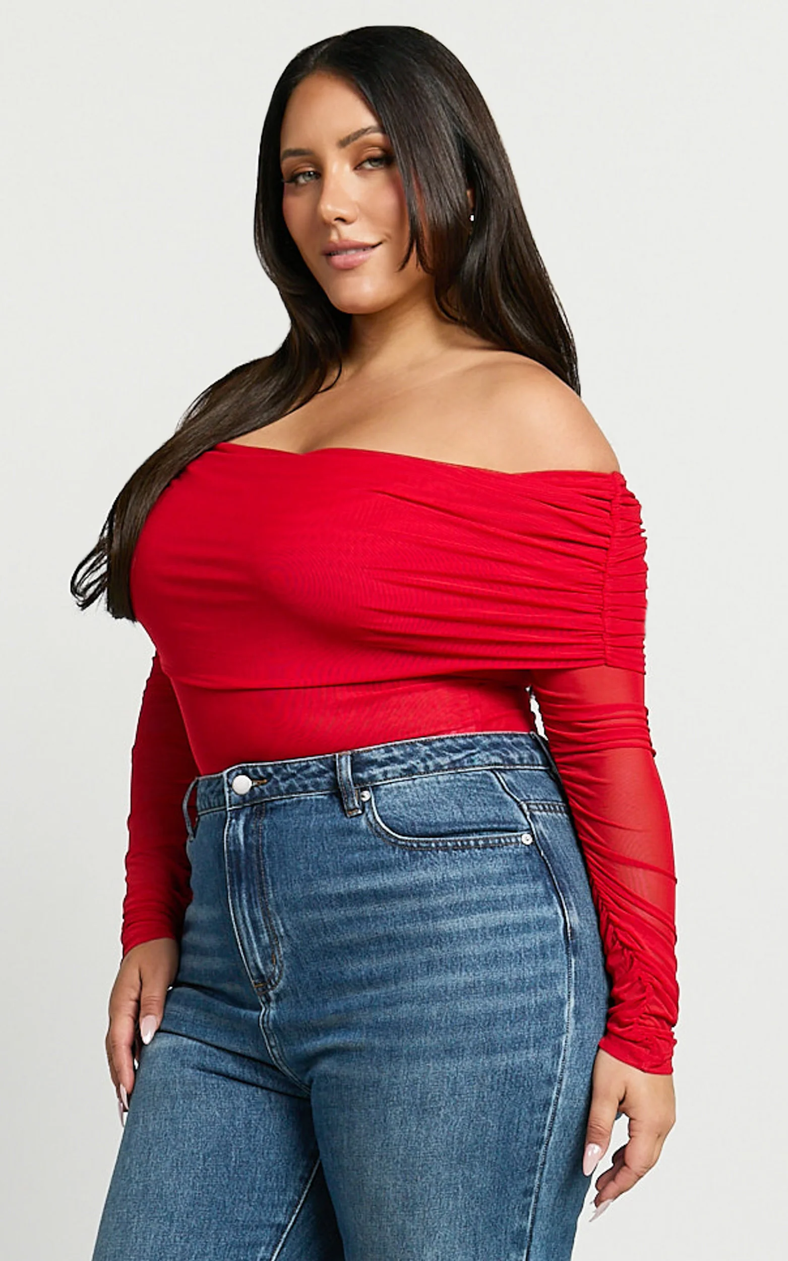 Jaythen Bodysuit - Long Sleeve Off Shoulder Ruched Mesh Bodysuit in Red