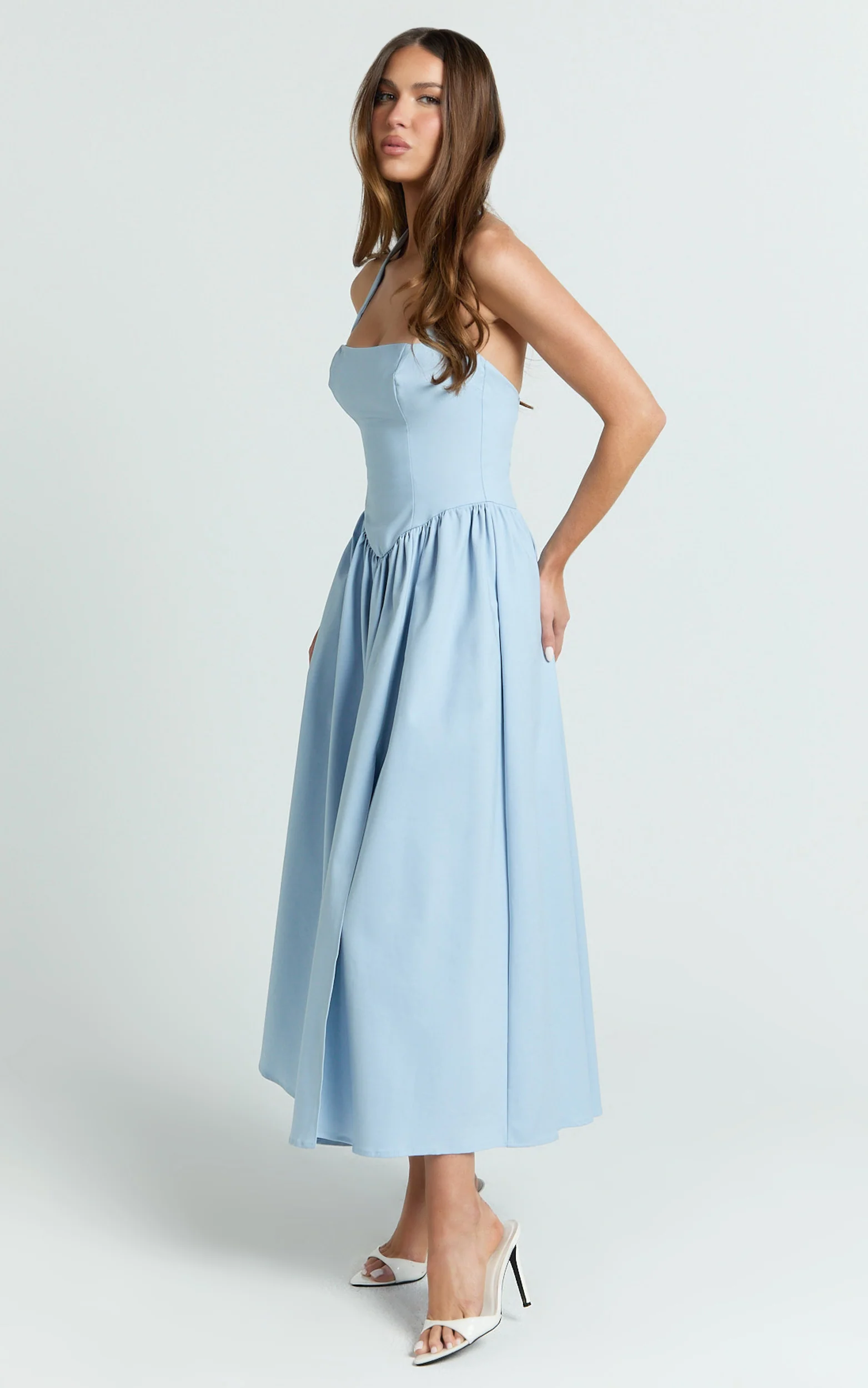 Helda Midi Dress - Halter Tie Neck Corset Panel Dress in Soft Blue