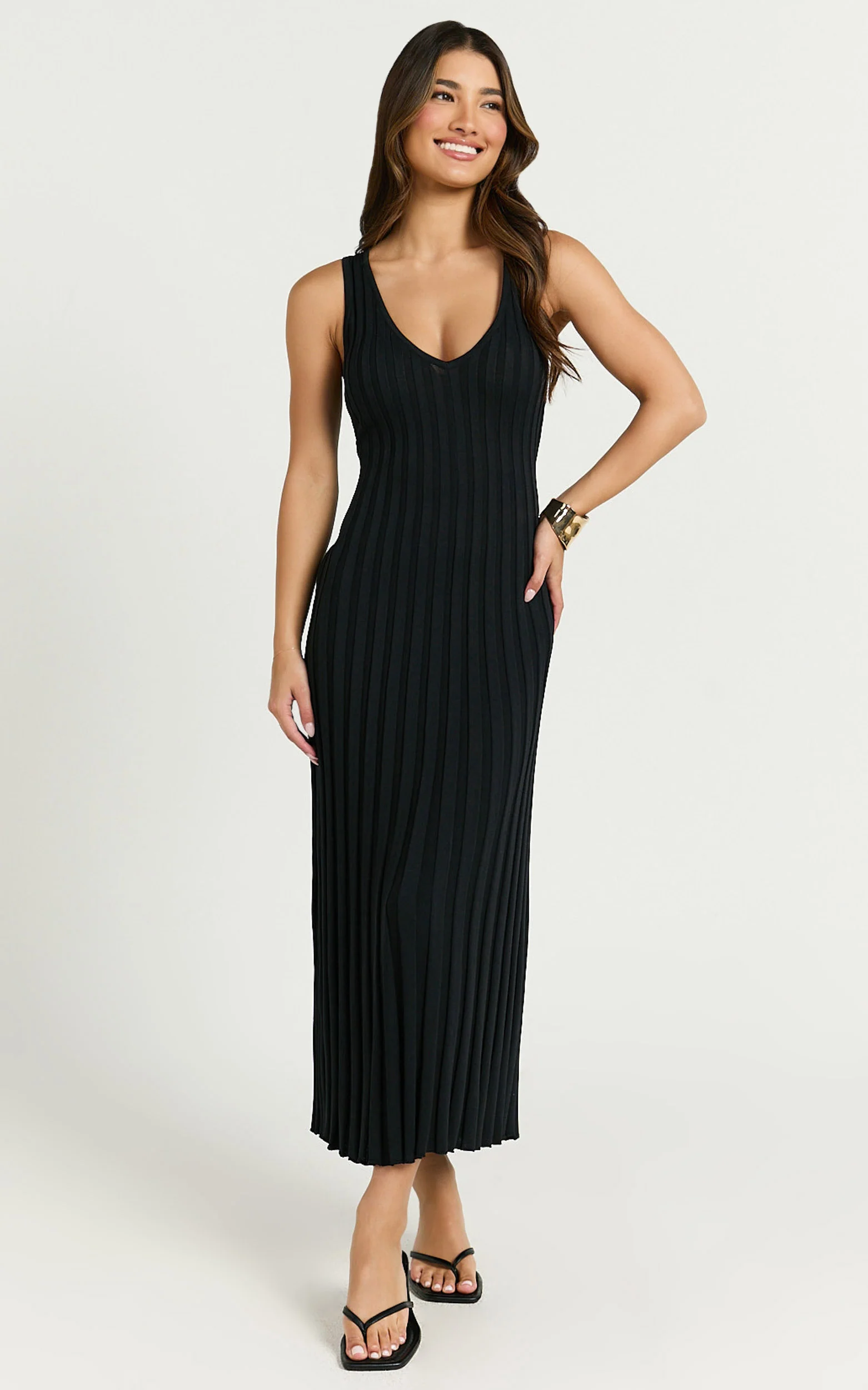 Maya Midi Knit Dress - Sleeveless V Neck Knited Dress in Black