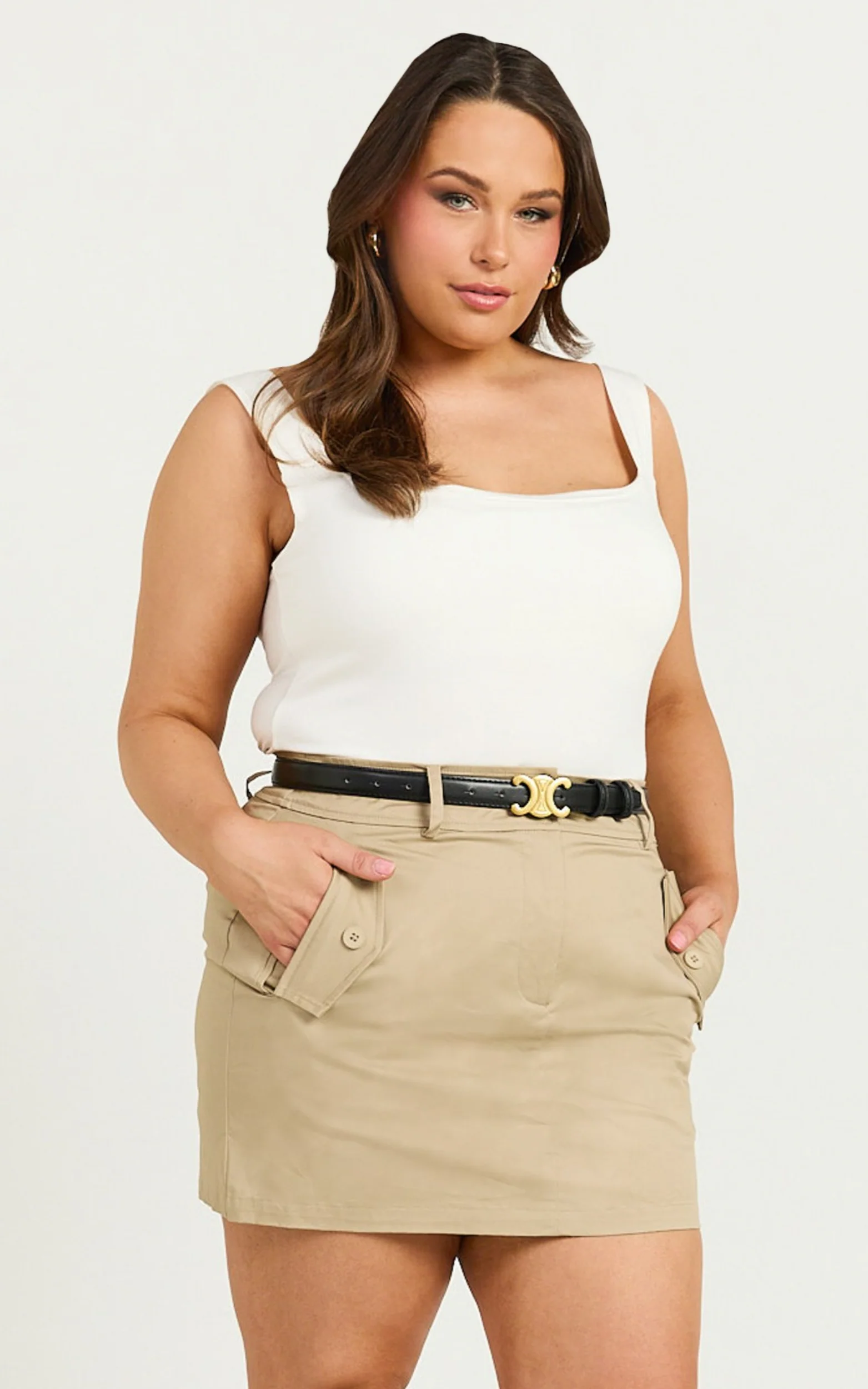 Anna Mini Skirt - High Waisted Cargo Pencil Skirt in Sand