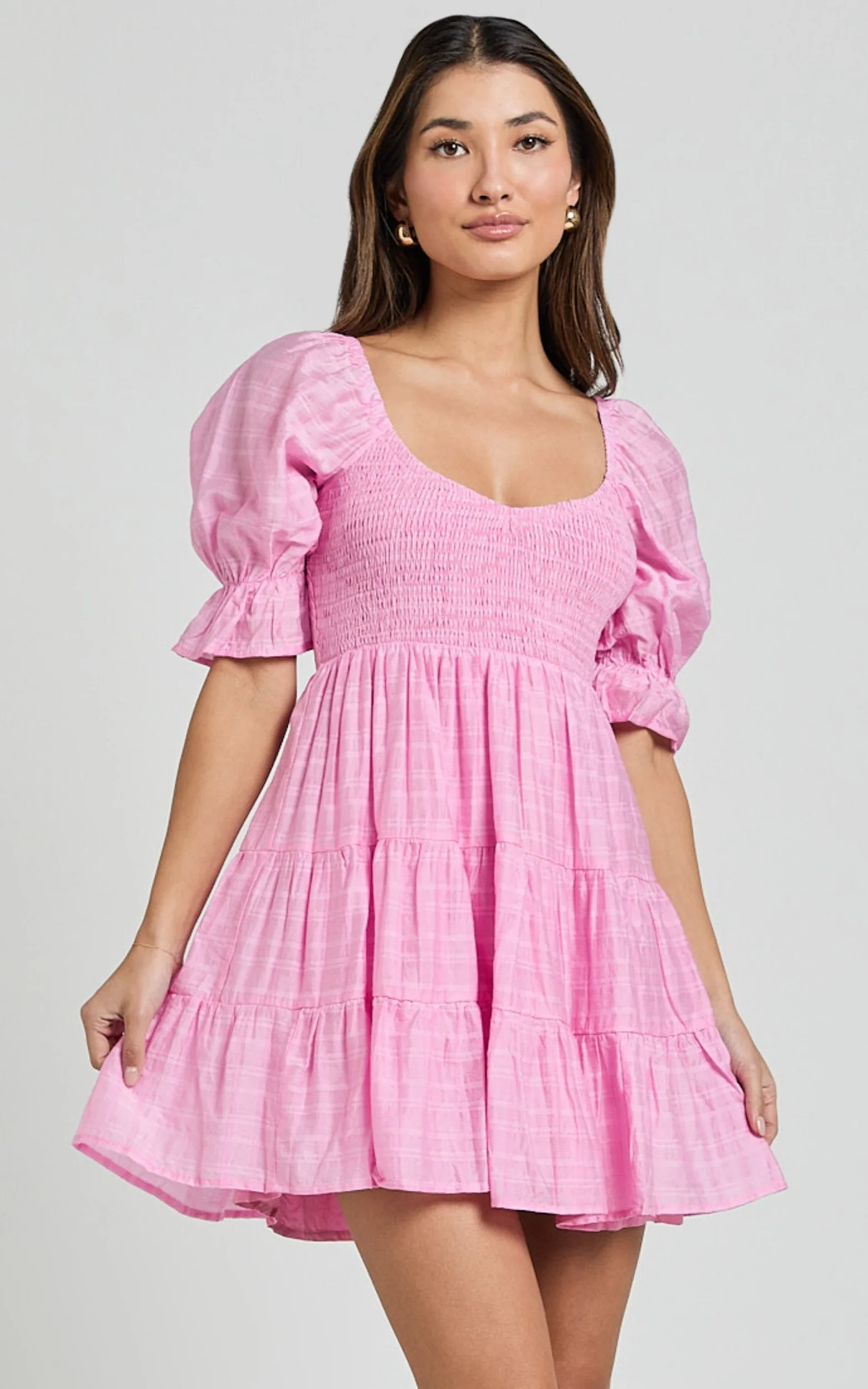 Britany Mini Dress - Shirred Puff Sleeve Tiered Dress in Pink