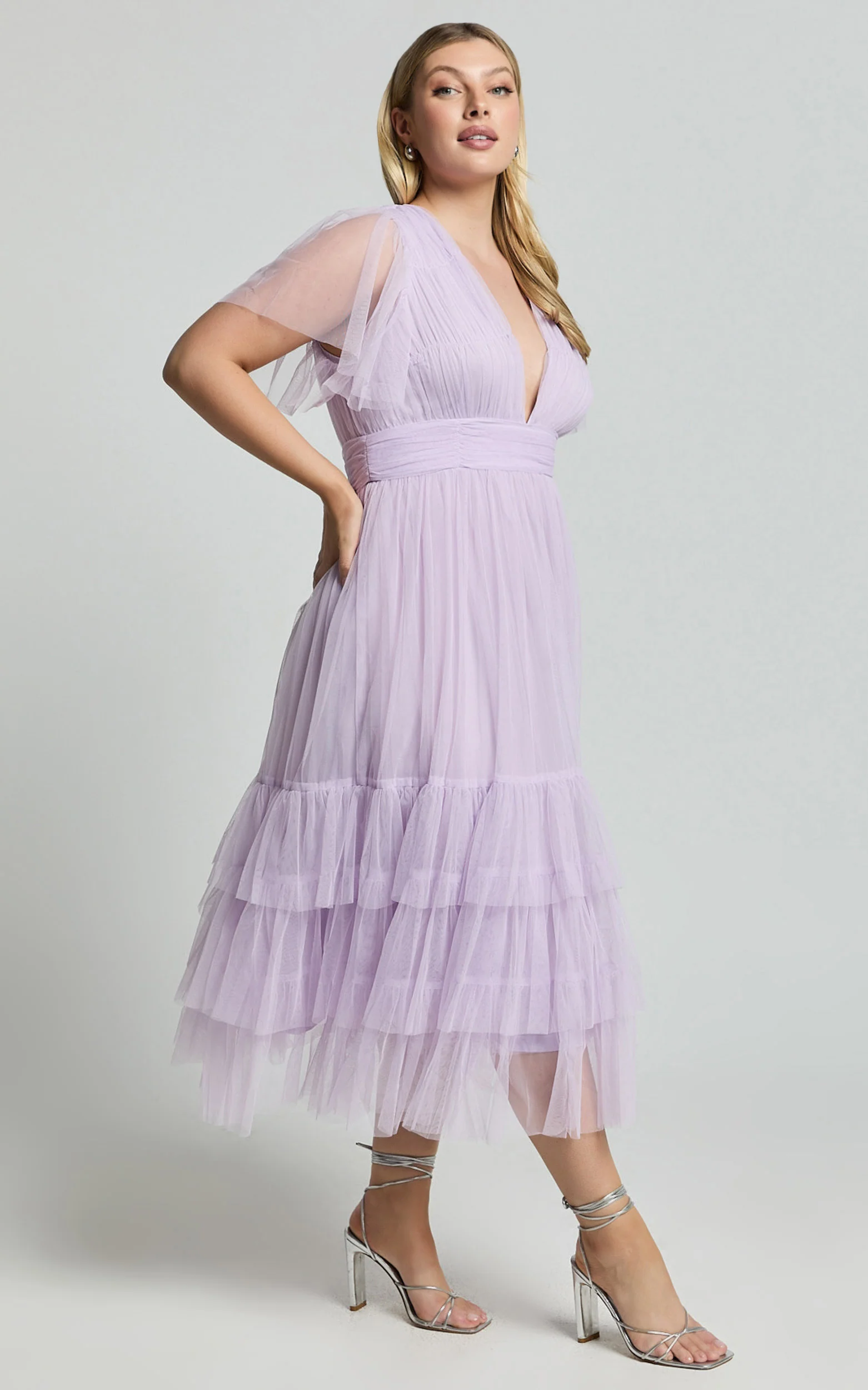 Jiraye Midi Dress - Flutter Sleeve Tuelle Plunge Dress in Lilac
