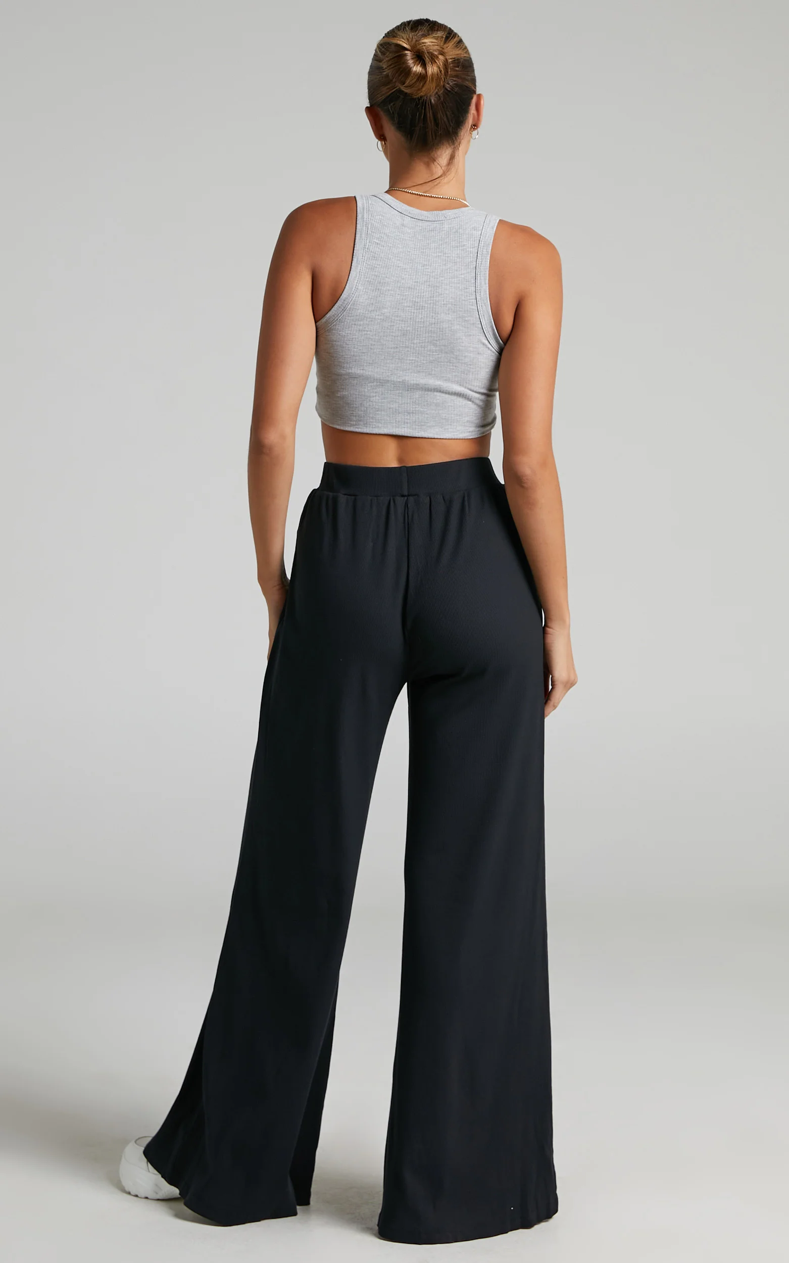 Amalthea Pants - High Waisted Jersey Rib Wide Leg Pants in Black