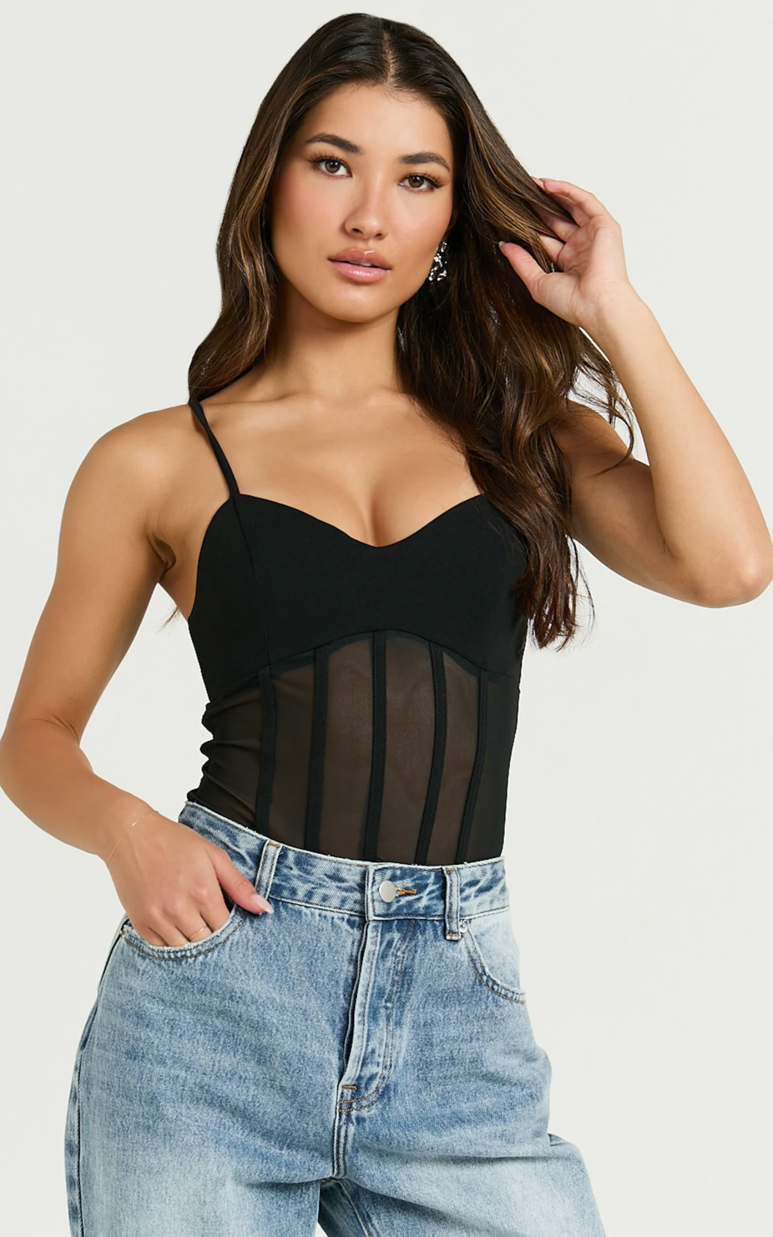 Cheryth Bodysuit - V Neck Strappy Sheer Corset Bodysuit in Black