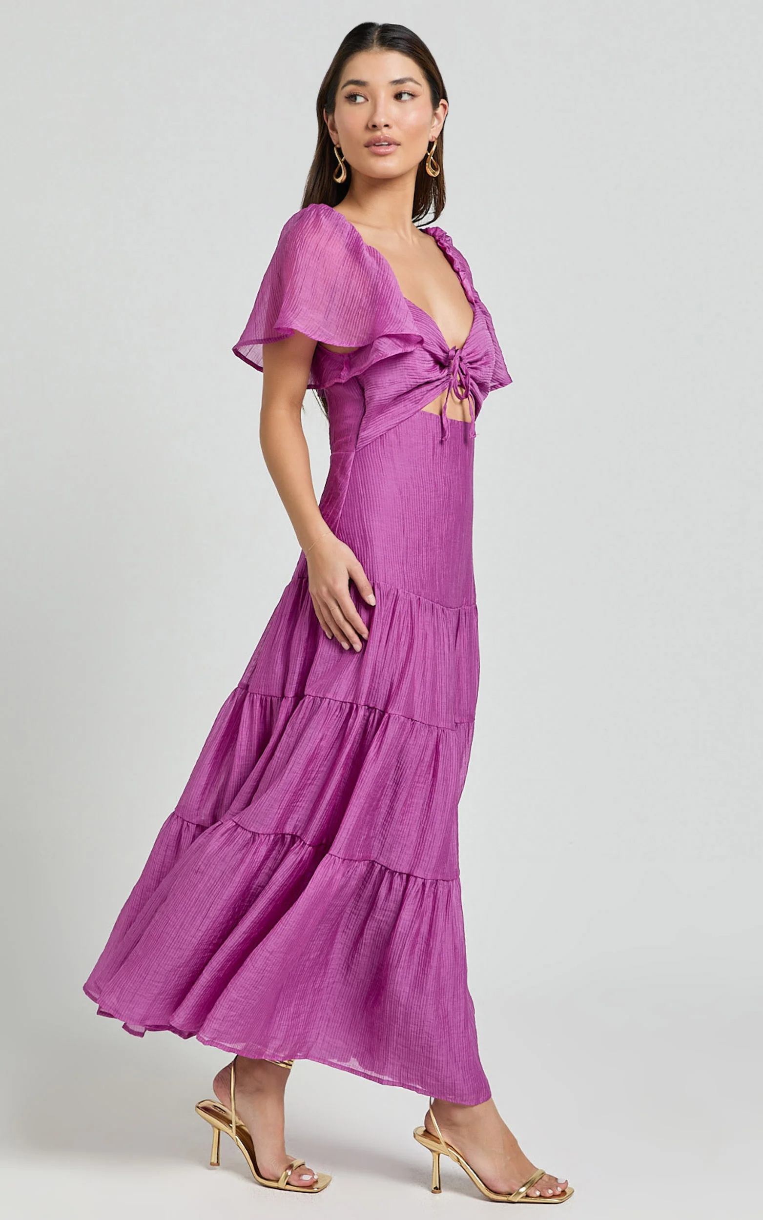 Patricia Midi Dress - Flutter Sleeve Tie Front Tiered Dress in Orchid