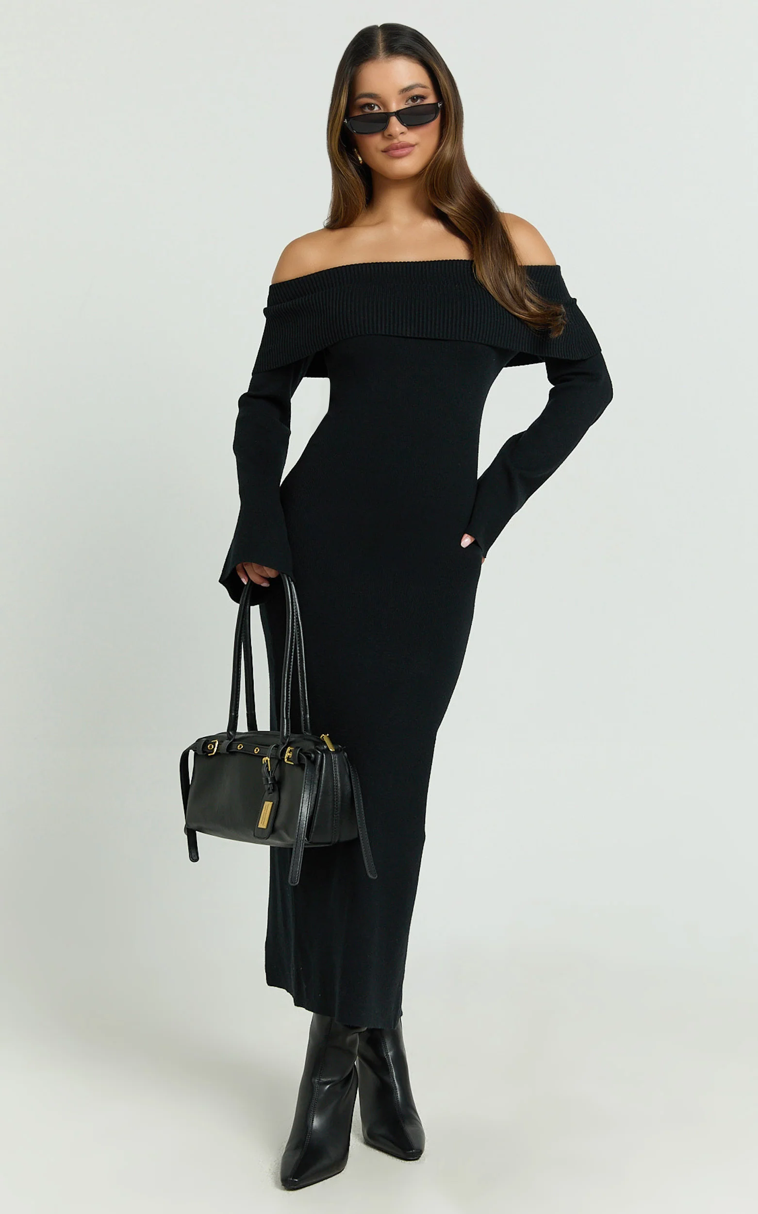 Maisie Midi Dress - Off Shoulder Long Sleeve Fitted Column Knit Dress in Black